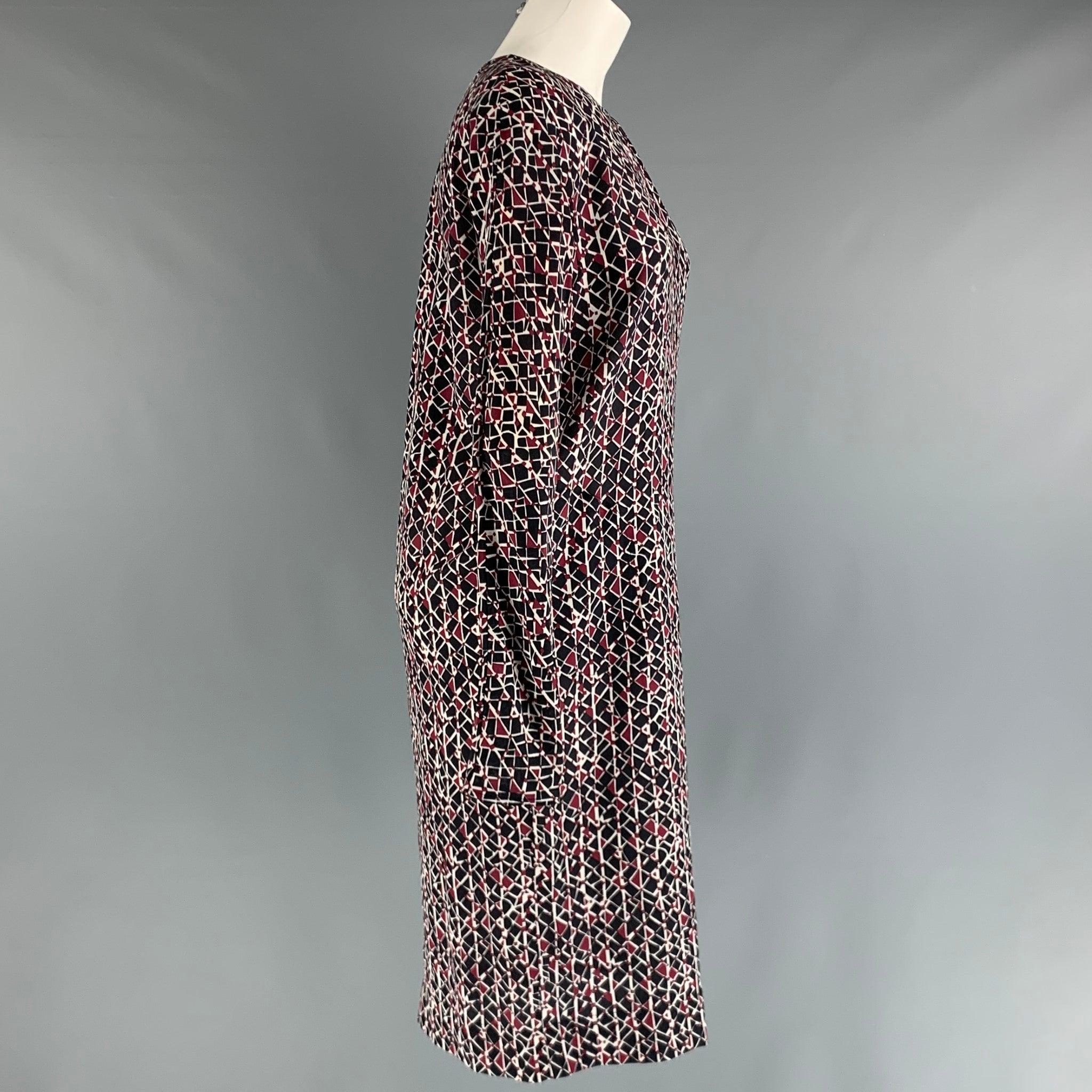 MARNI Size 2 Black Burgundy White Silk Abstract Long Sleeve Dress In Excellent Condition For Sale In San Francisco, CA