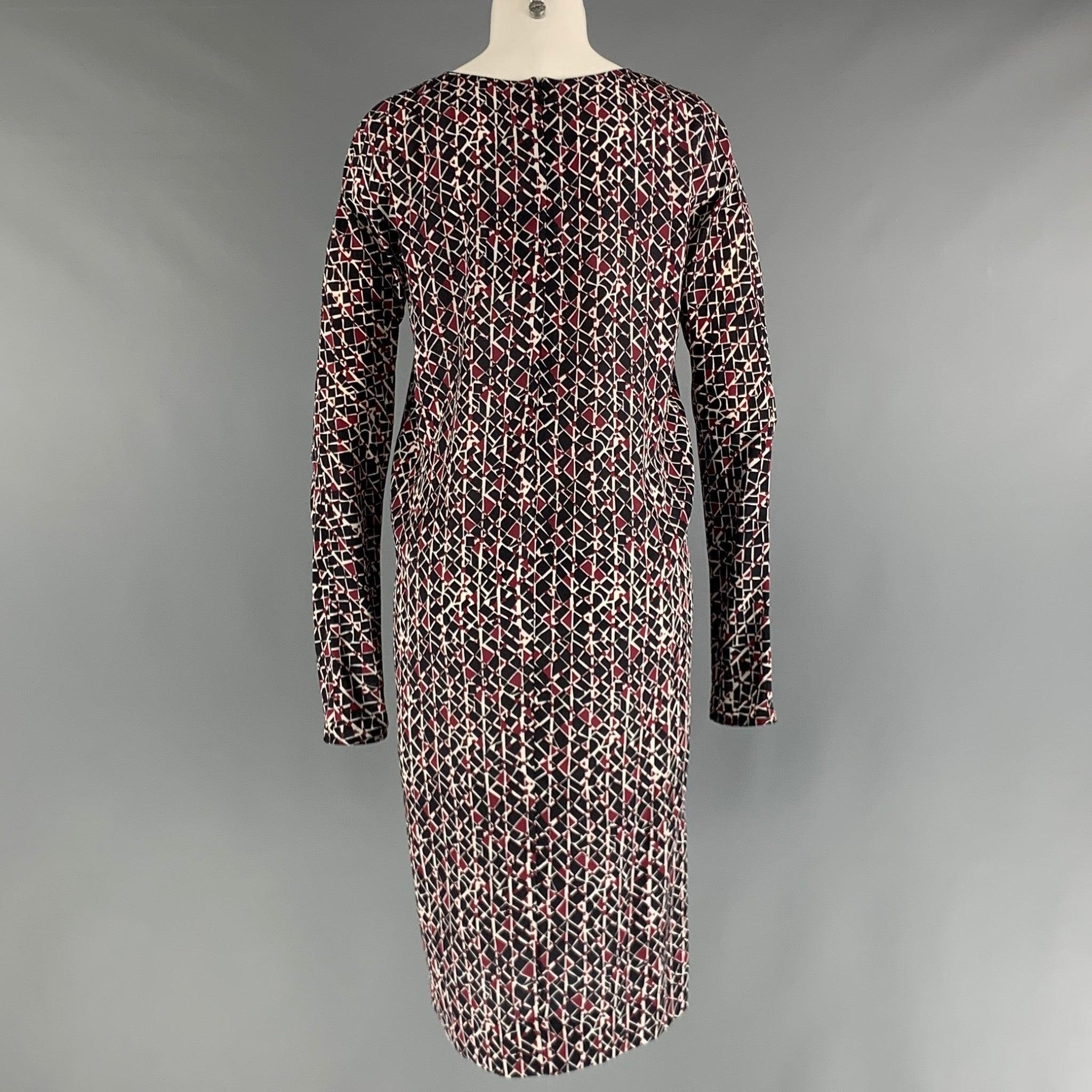 MARNI Größe 2 Schwarzes abstraktes langärmeliges Kleid aus Seide in Burgunderrot und Weiß Damen im Angebot