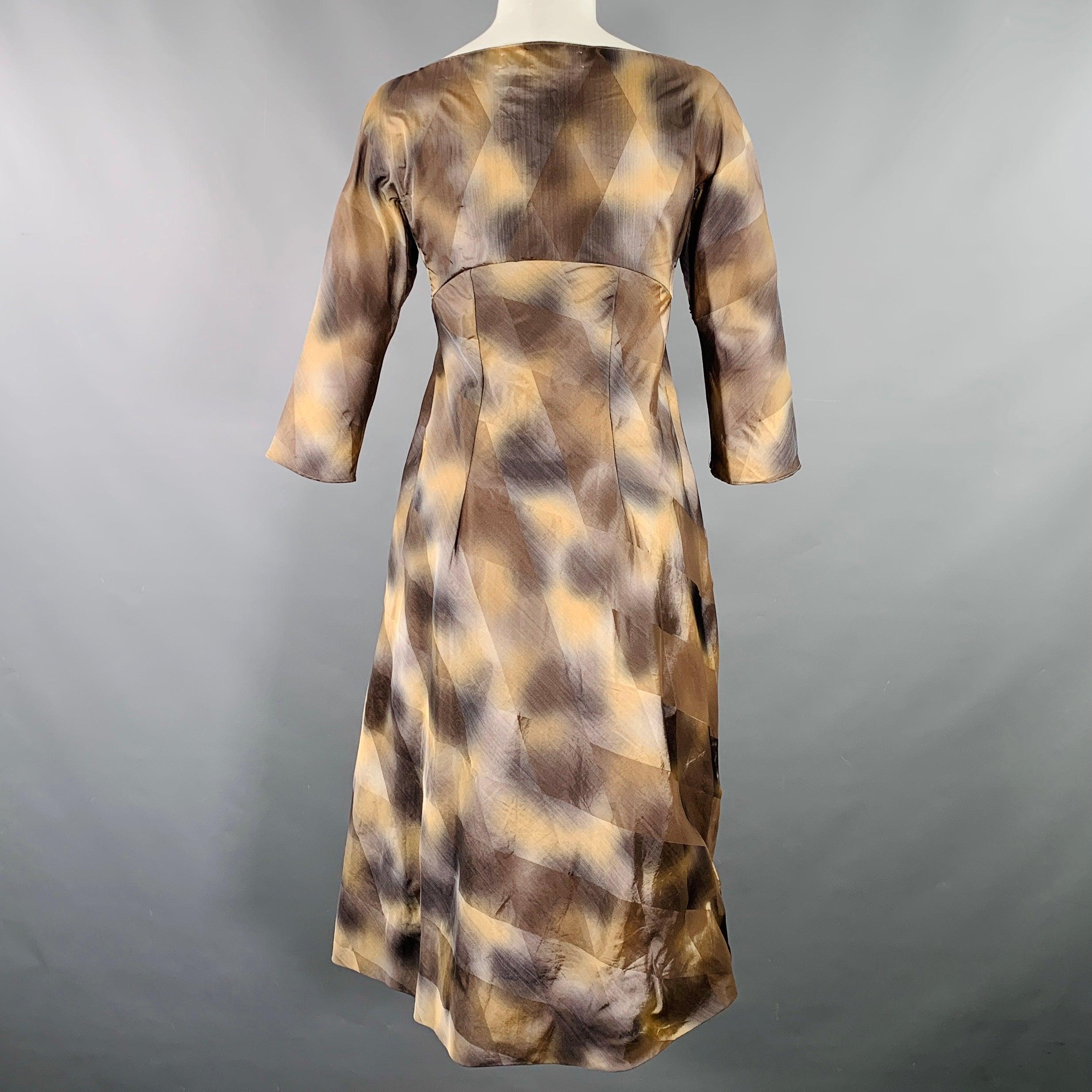 MARNI Size 2 Brown Beige Polyester Taffeta Diamond 3/4 Sleeves Dress In Good Condition For Sale In San Francisco, CA