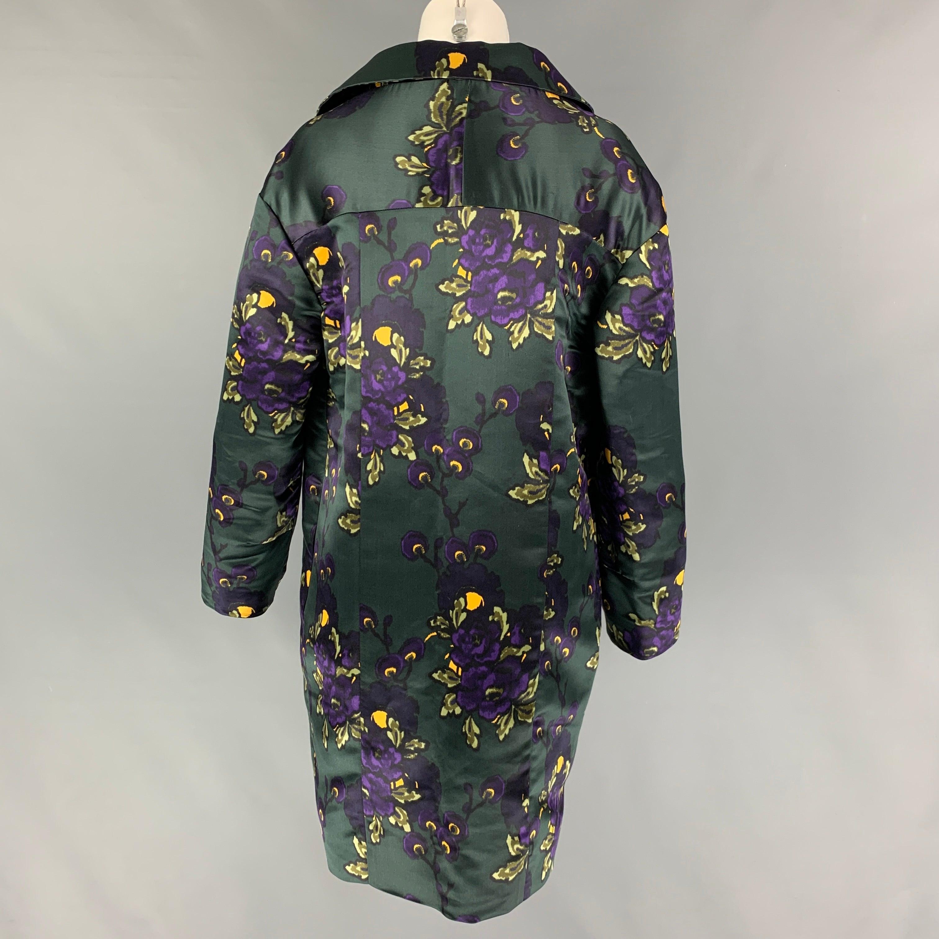 MARNI Size 2 Dark Green Purple Yellow Silk Floral Open Front Coat In Good Condition For Sale In San Francisco, CA