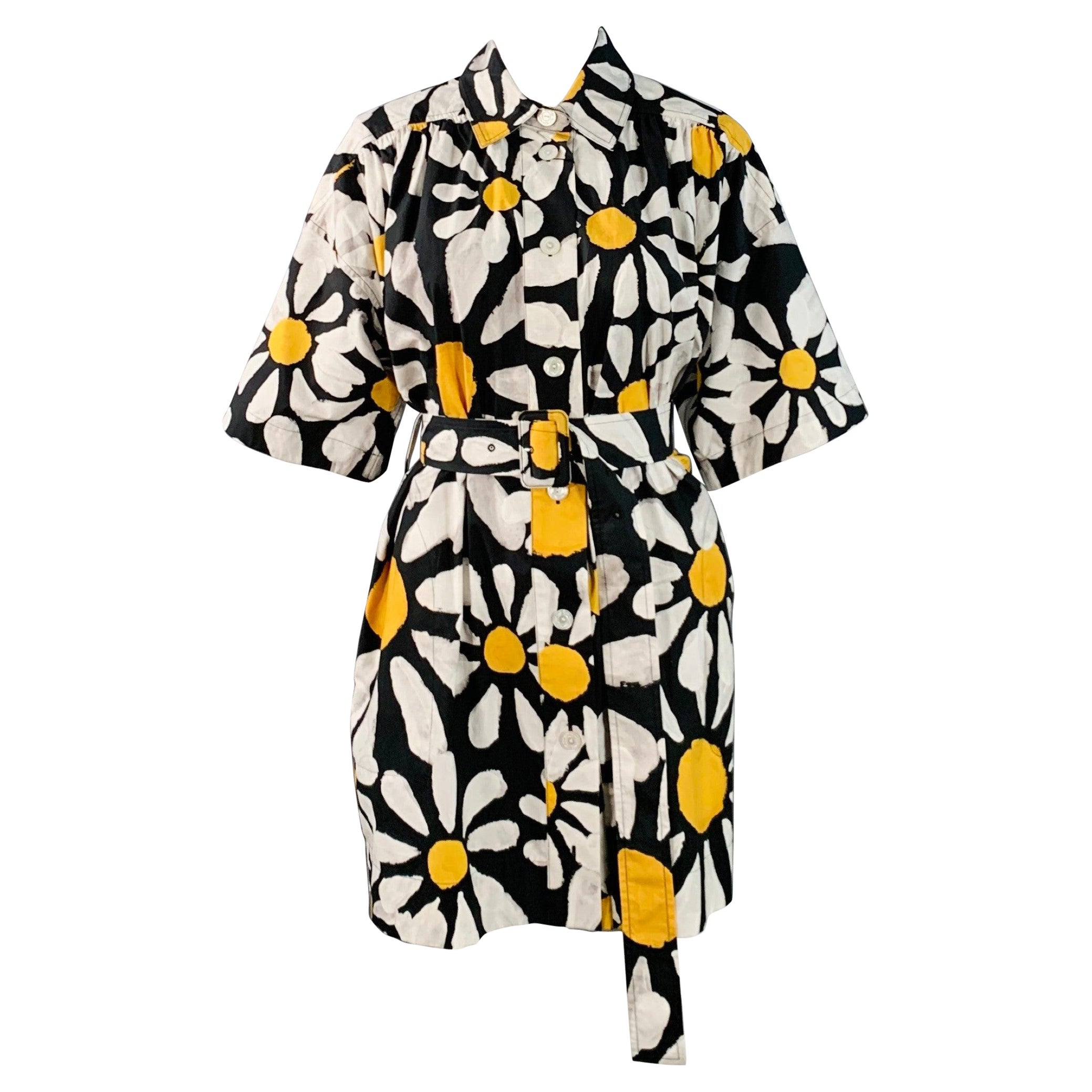 MARNI Size 2 Euphoria Black White Yellow Poplin Floral Pockets Belted Mini Shirt Dress