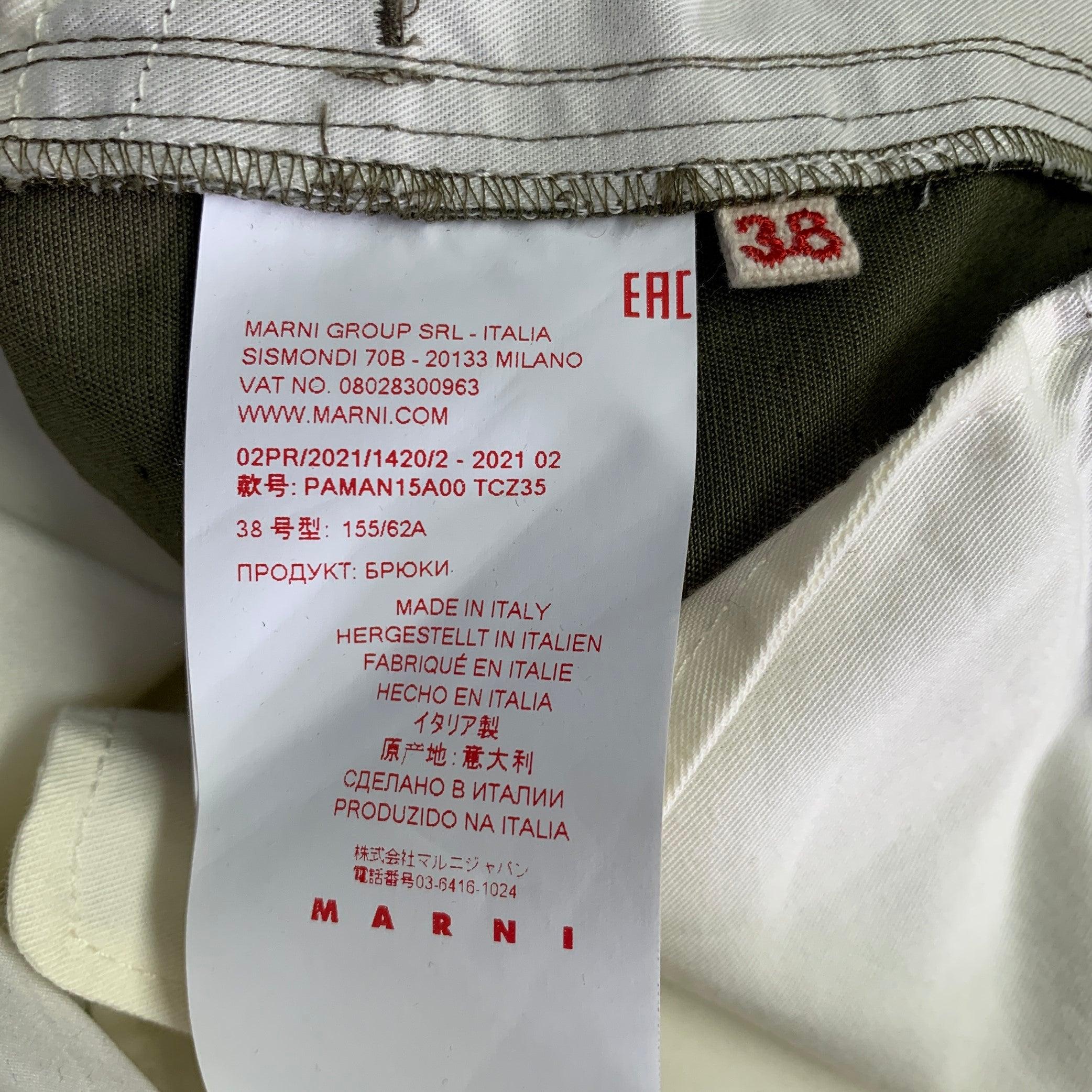 MARNI Taille 2 Pantalon décontracté en sergé de coton lin vert olive à devant plat Excellent état - En vente à San Francisco, CA