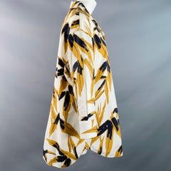 MARNI Size 2 White Mustard Cotton Tropical Leaves Half Placket Pullover