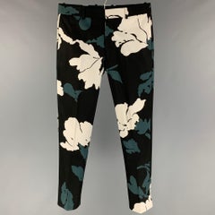 MARNI Size 32 Black White Forest Green Abstract Cotton Flat Front Dress Pants