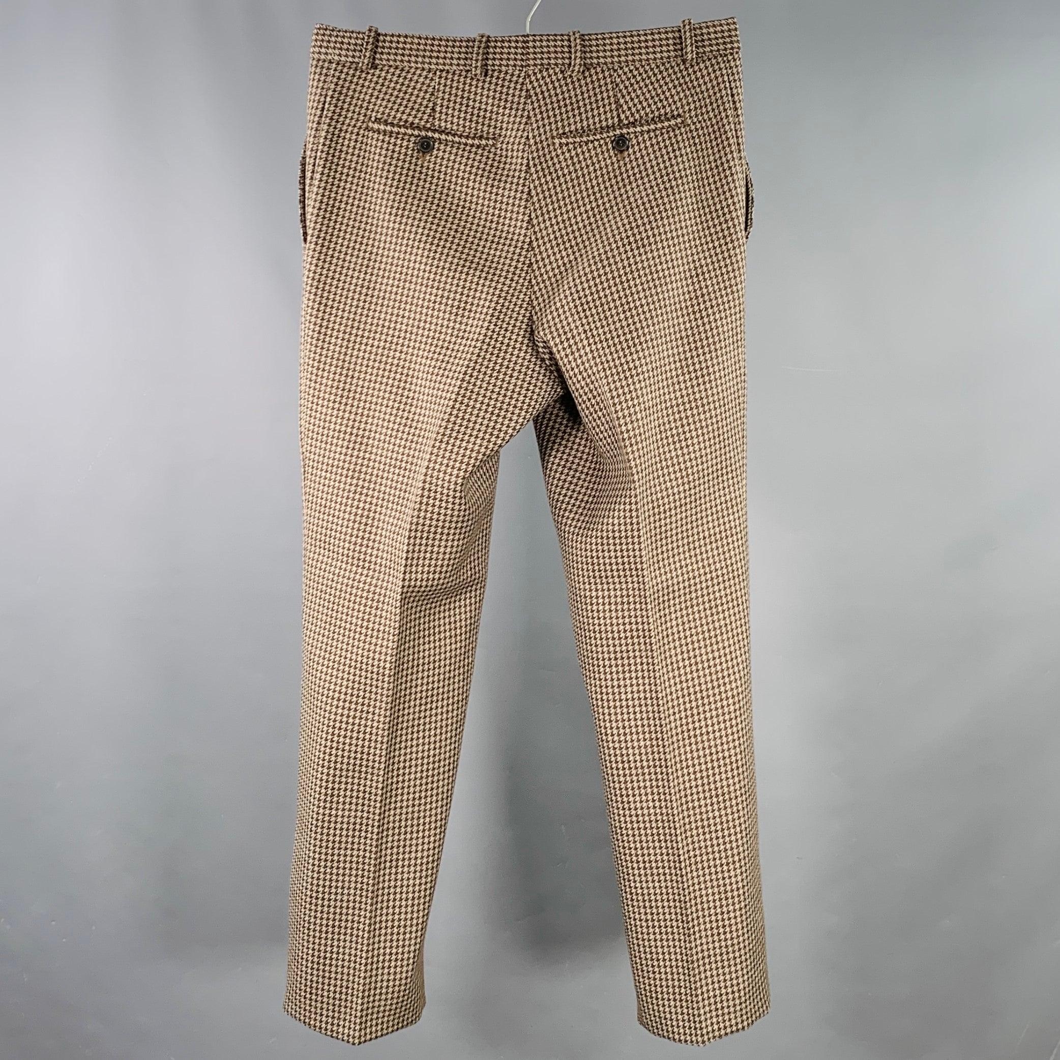 Marron MARNI Size 32 Brown Beige Houndstooth Wool Flat Front Casual Pants (pantalon décontracté en laine) en vente
