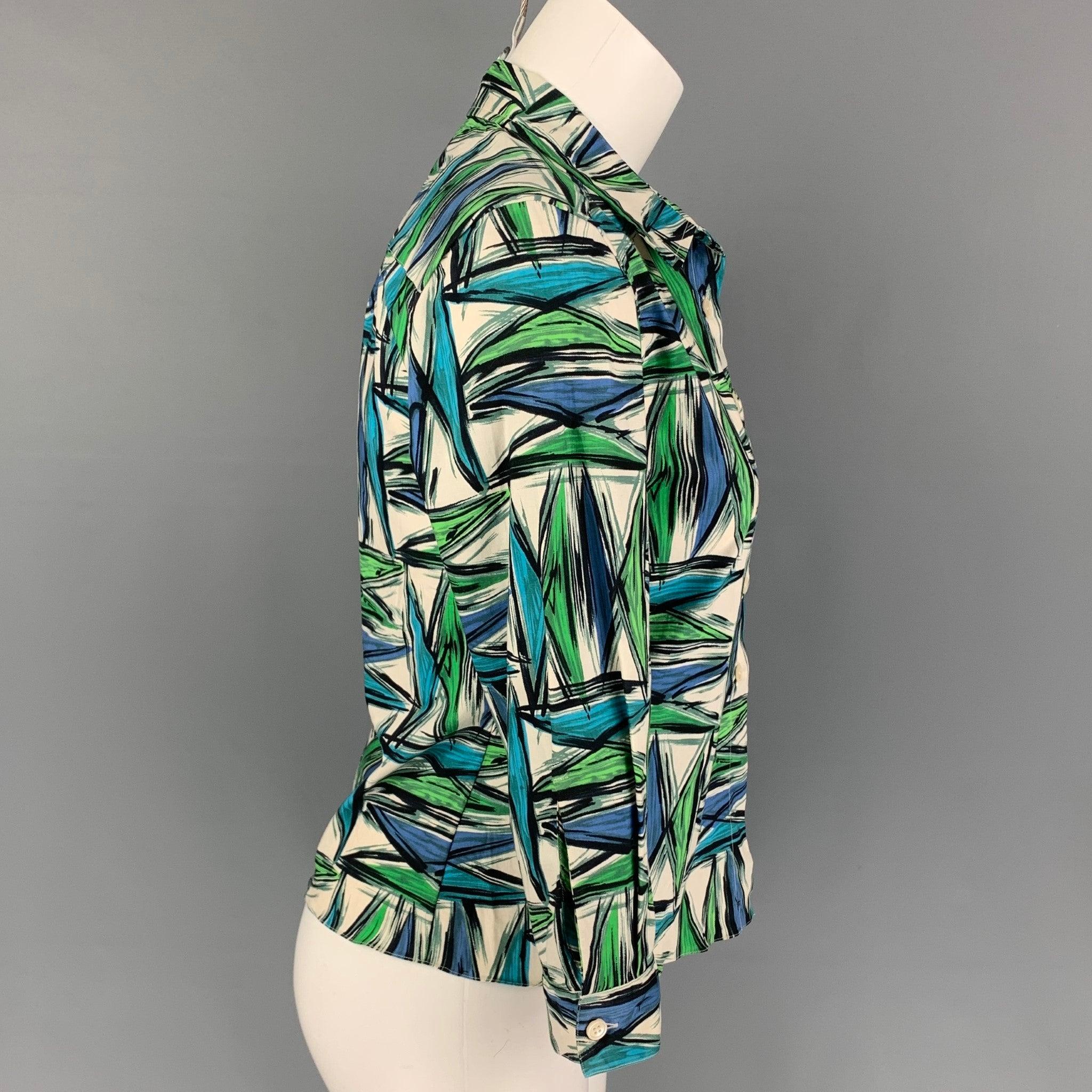MARNI blouse comes in a blue & green abstract print silk featuring a spread collar and a buttoned closure. Made in Italy.
 Very Good
 Pre-Owned Condition. 
 

 Marked:  40 
 

 Measurements: 
  
 Shoulder: 15.5 inches Bust: 35 inches Sleeve: 17.5