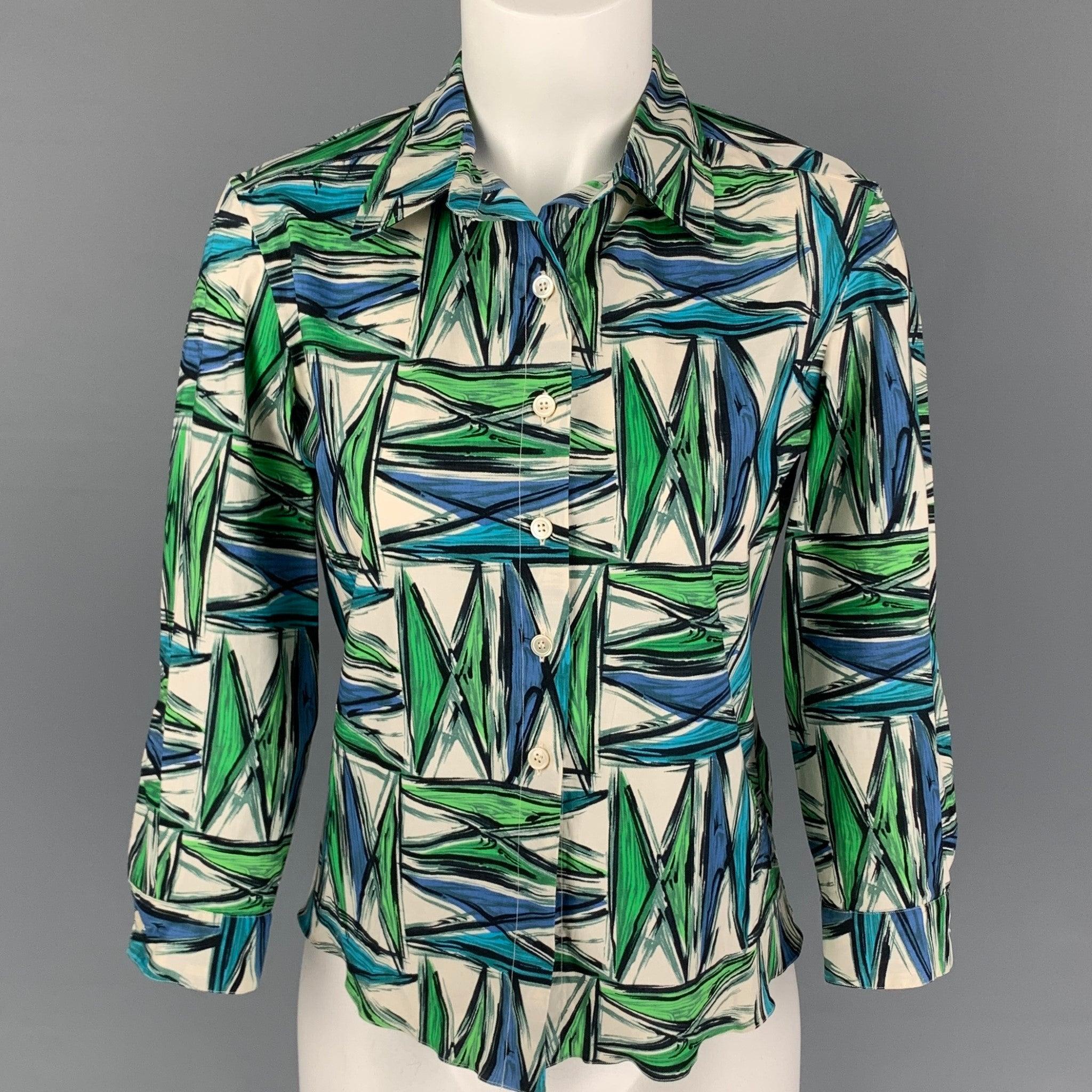 MARNI Size 4 White Blue Green Abstract Print Cotton Blouse