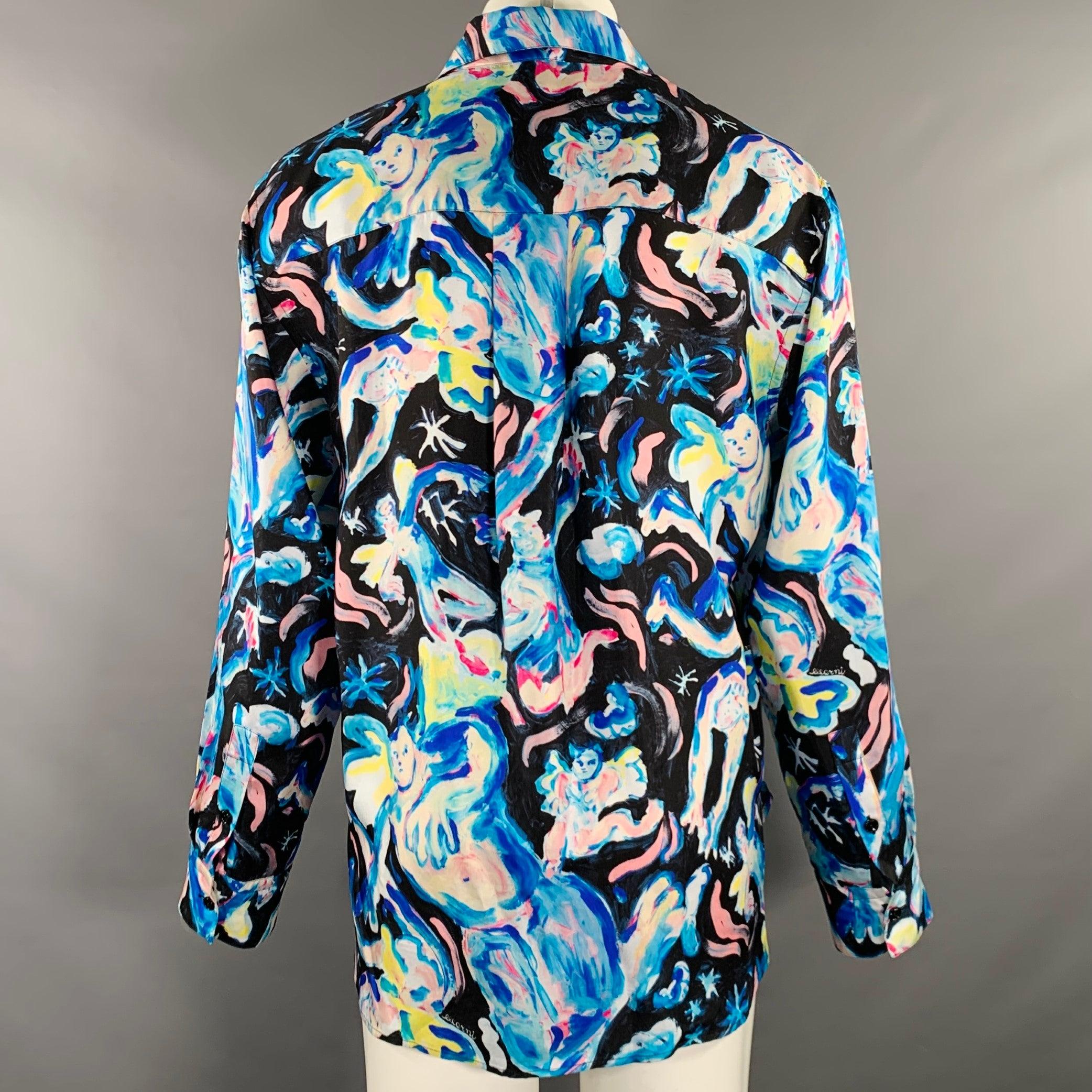 MARNI Größe 40 Flaminia Veronesi Blau Schwarz Print Seide Button Up Langarmhemd Herren im Angebot