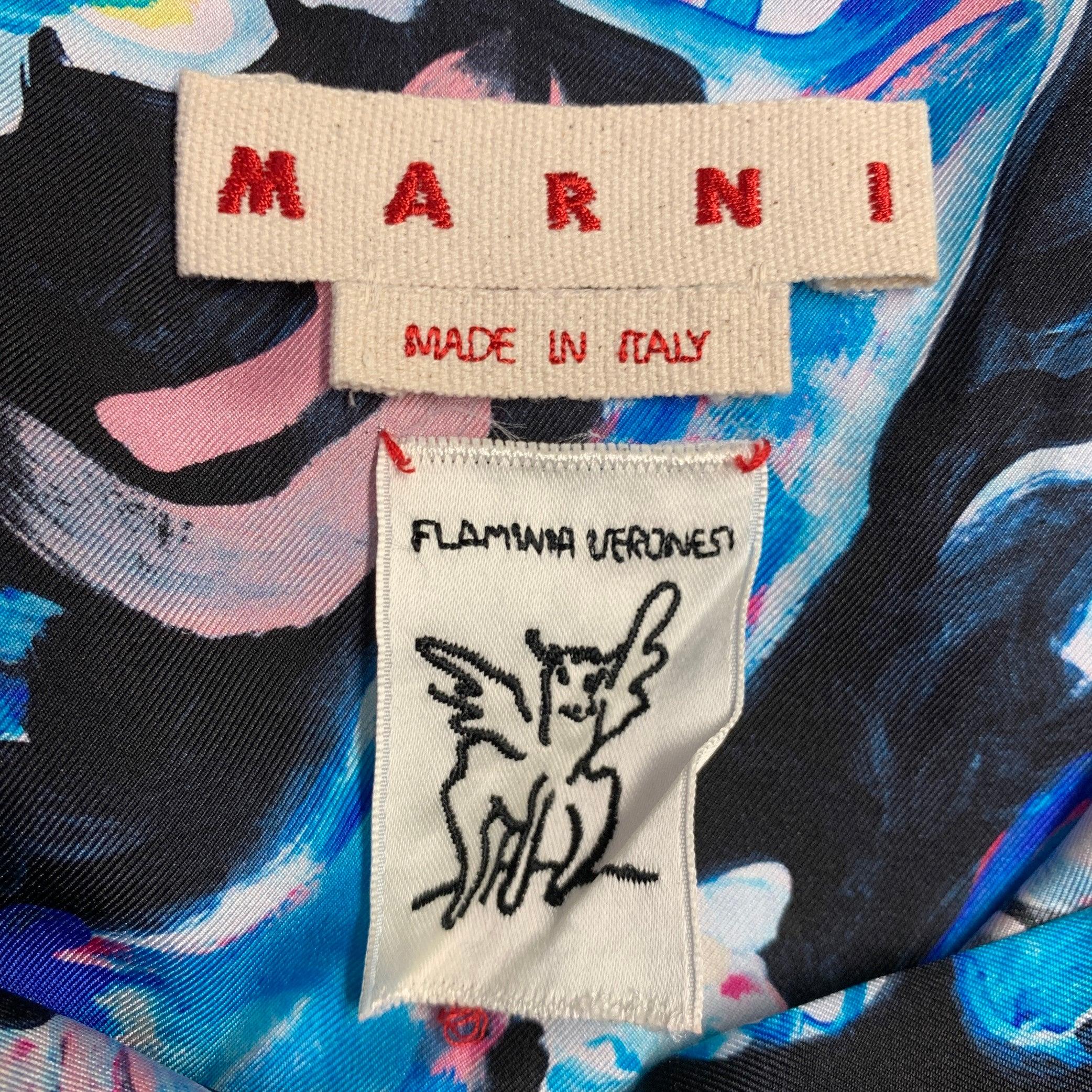 MARNI Größe 40 Flaminia Veronesi Blau Schwarz Print Seide Button Up Langarmhemd im Angebot 1
