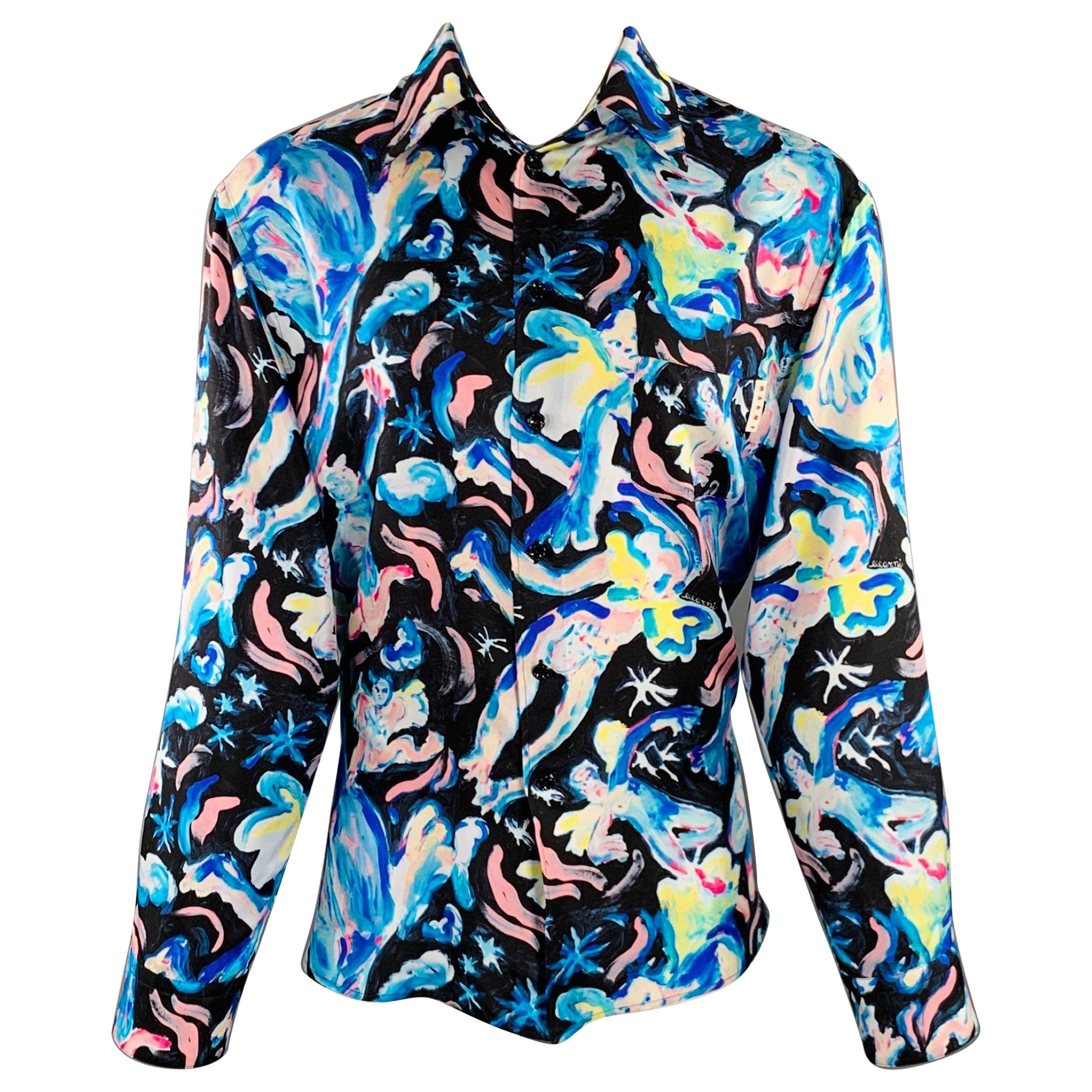 MARNI Talla 40 Flaminia Veronesi Camisa de manga larga abotonada de seda con estampado azul y negro