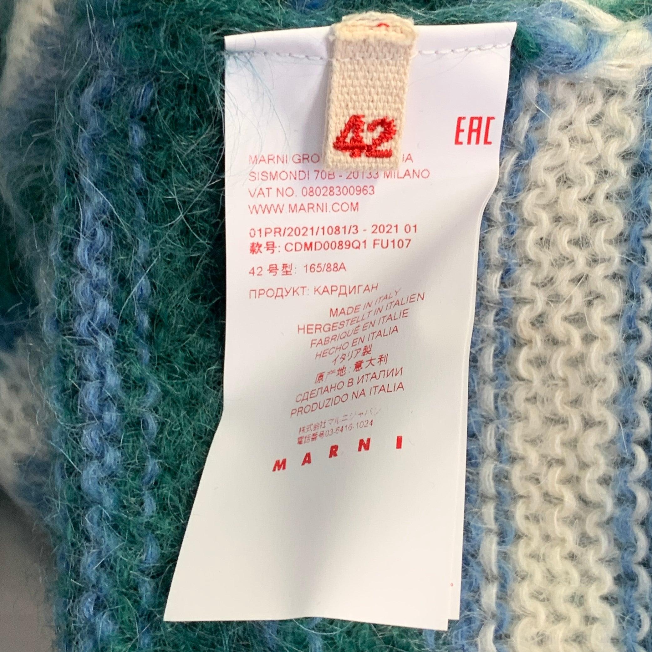 Marni Taglia 6 Cardigan con scollo a V in misto mohair verde blu bianco in vendita 1