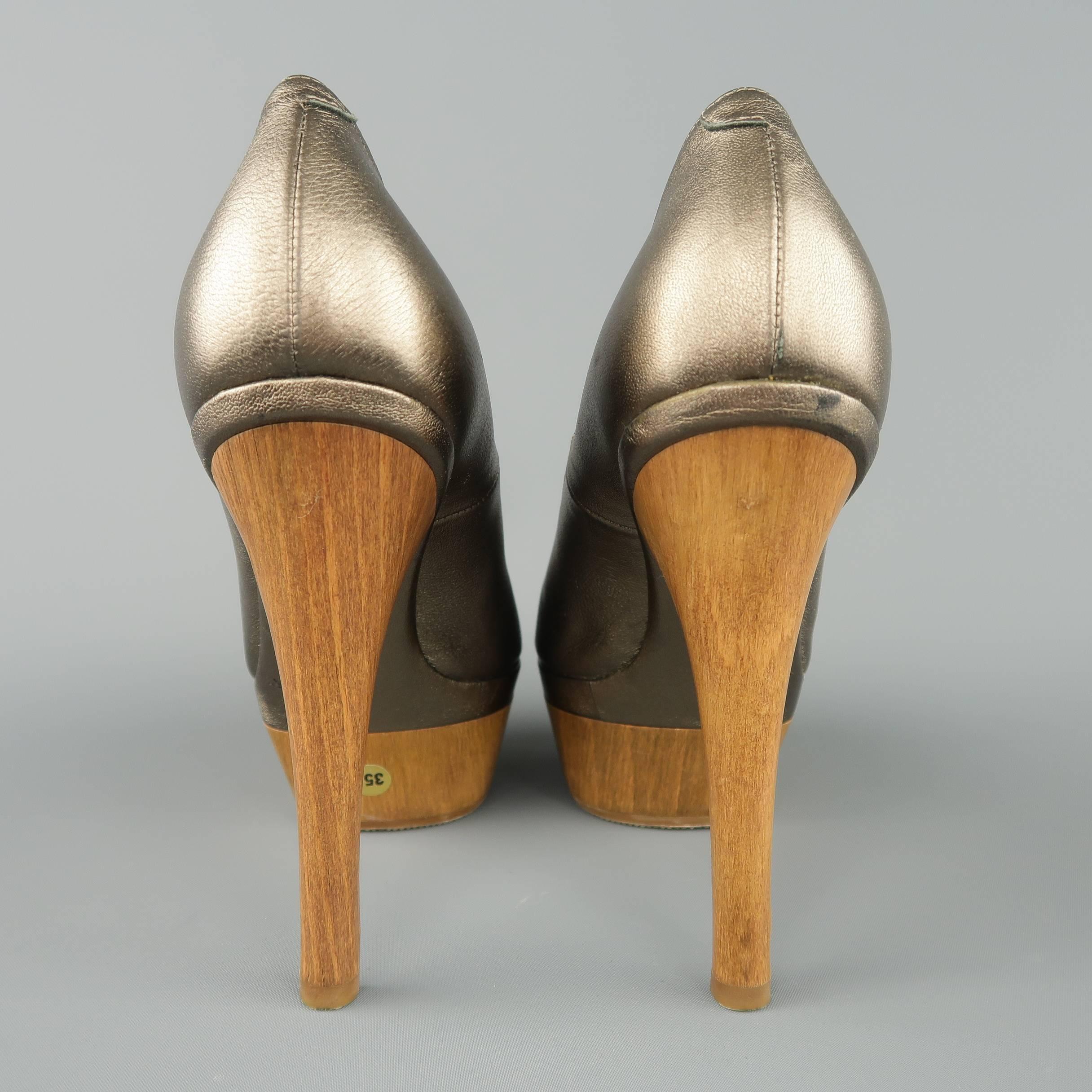 Women's MARNI Size 6 Metallic Taupe Leather Peep Toe Wooden Platform Pumps
