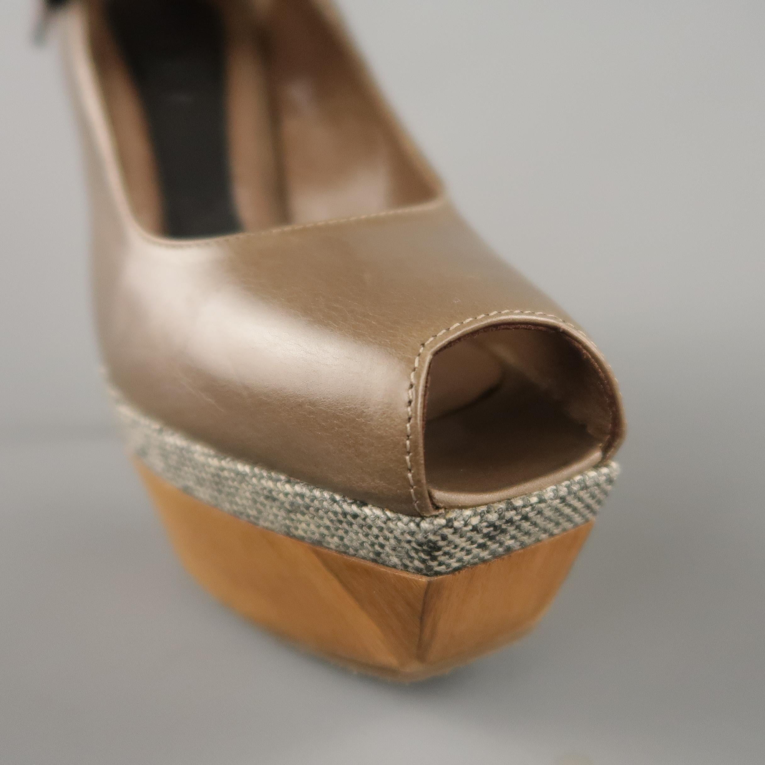 Brown MARNI Size 6 Taupe Leather Mary Jane Wooden Platform Pumps