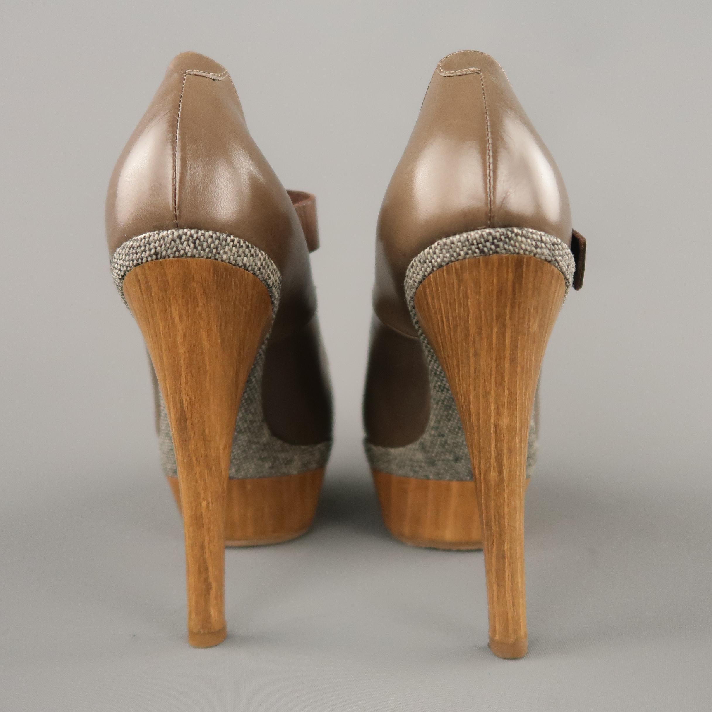 MARNI Size 6 Taupe Leather Mary Jane Wooden Platform Pumps In Excellent Condition In San Francisco, CA