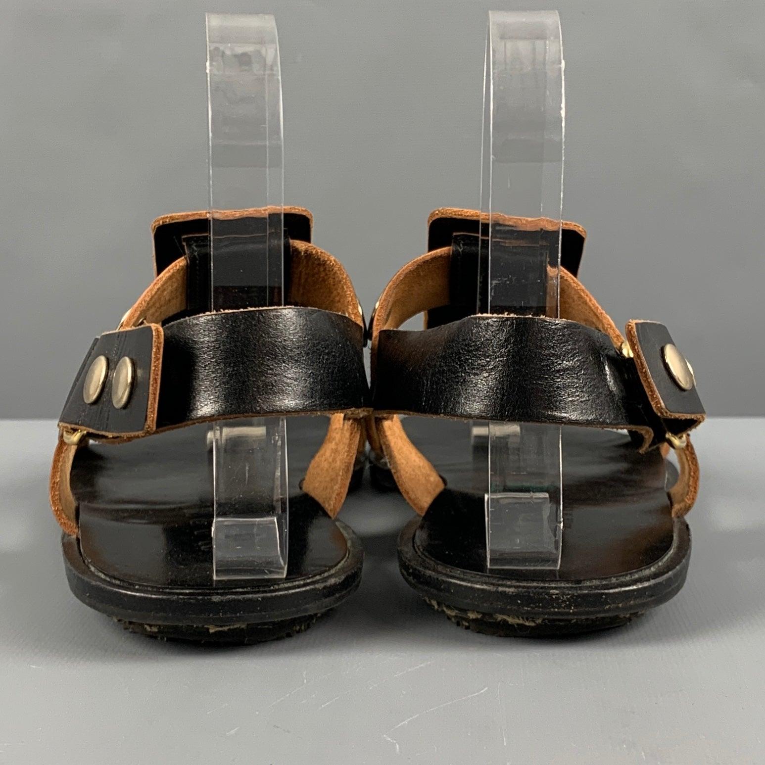 MARNI Size 7 Black Tan Leather Studded Ankle Strap Sandals In Good Condition For Sale In San Francisco, CA