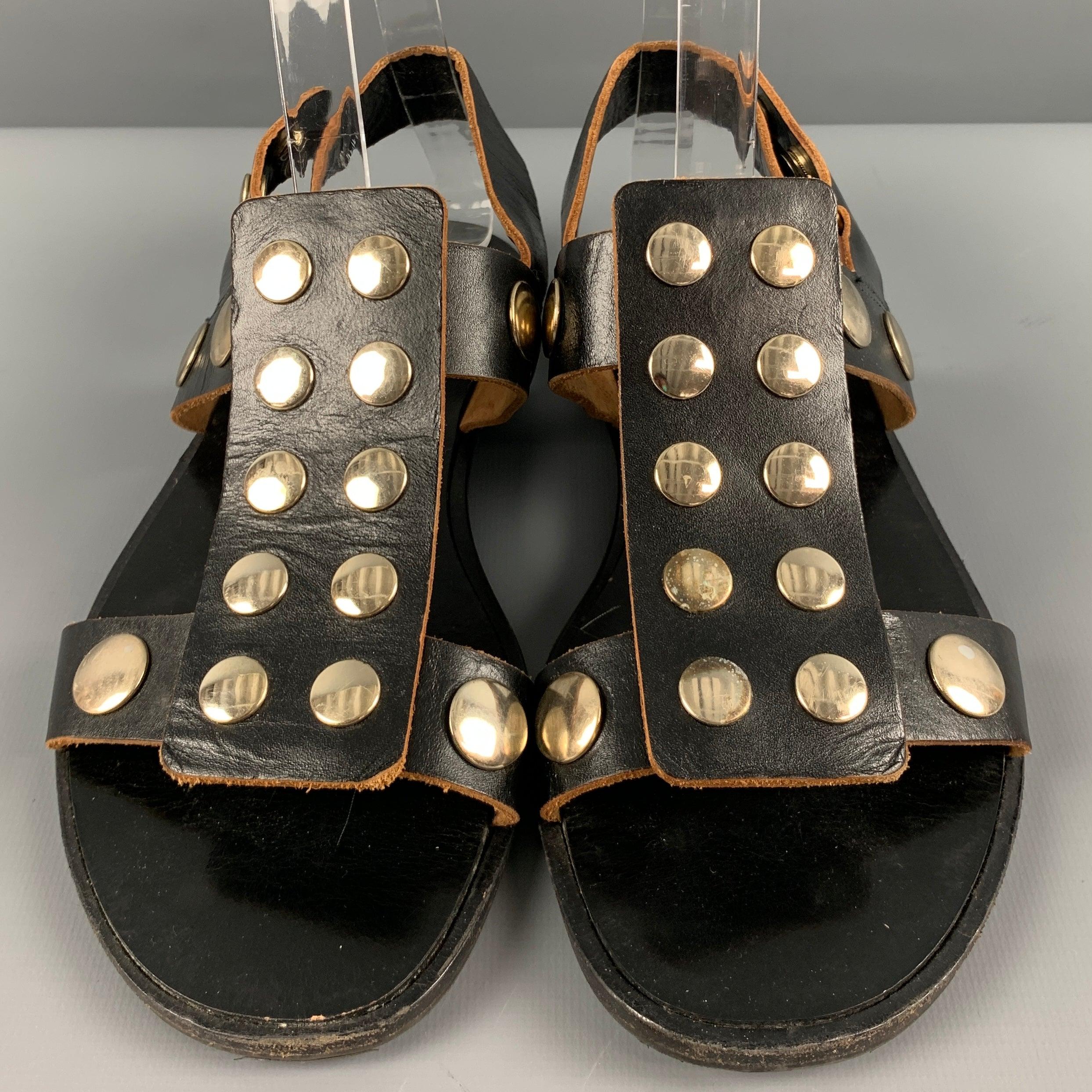 Women's MARNI Size 7 Black Tan Leather Studded Ankle Strap Sandals For Sale