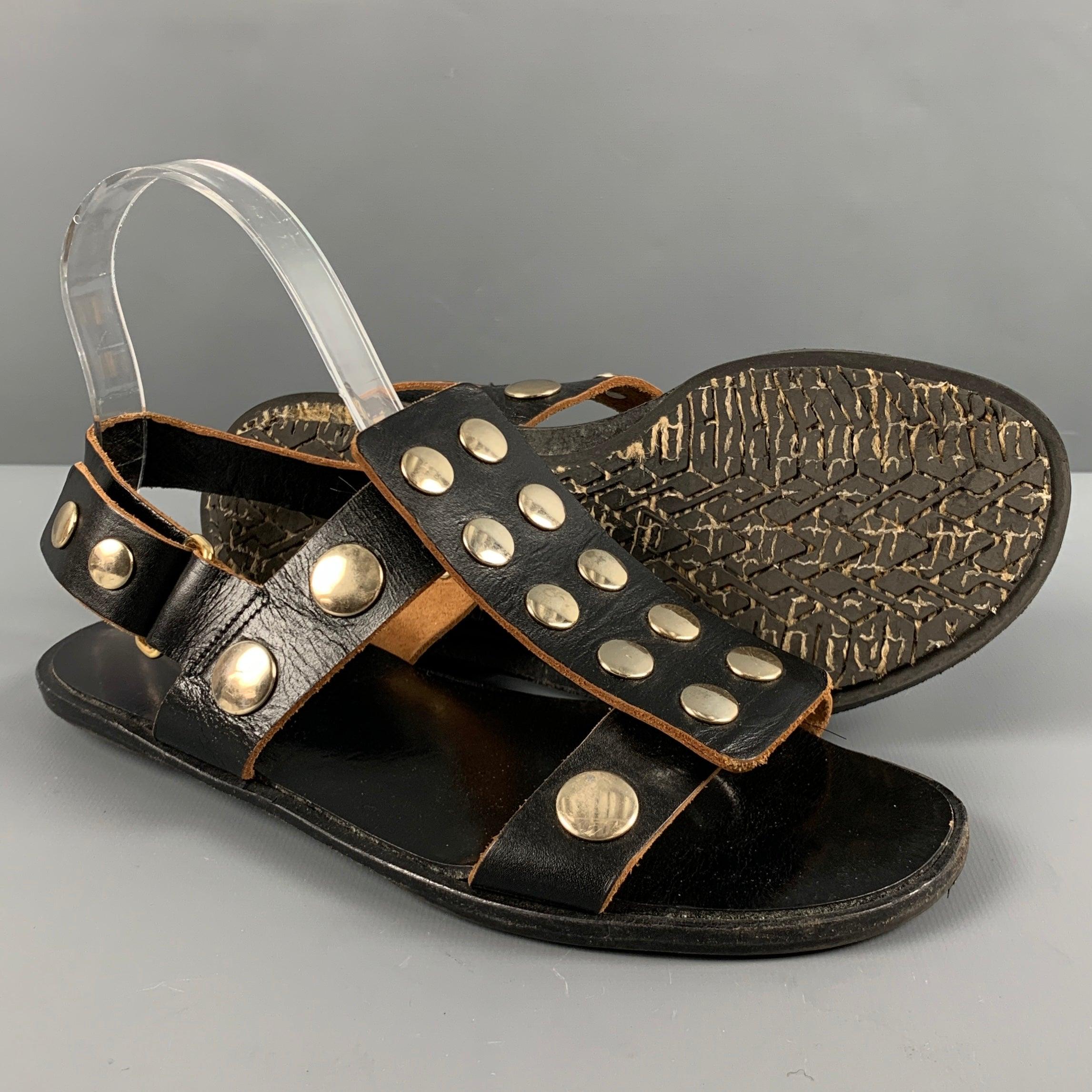 MARNI Size 7 Black Tan Leather Studded Ankle Strap Sandals For Sale 1