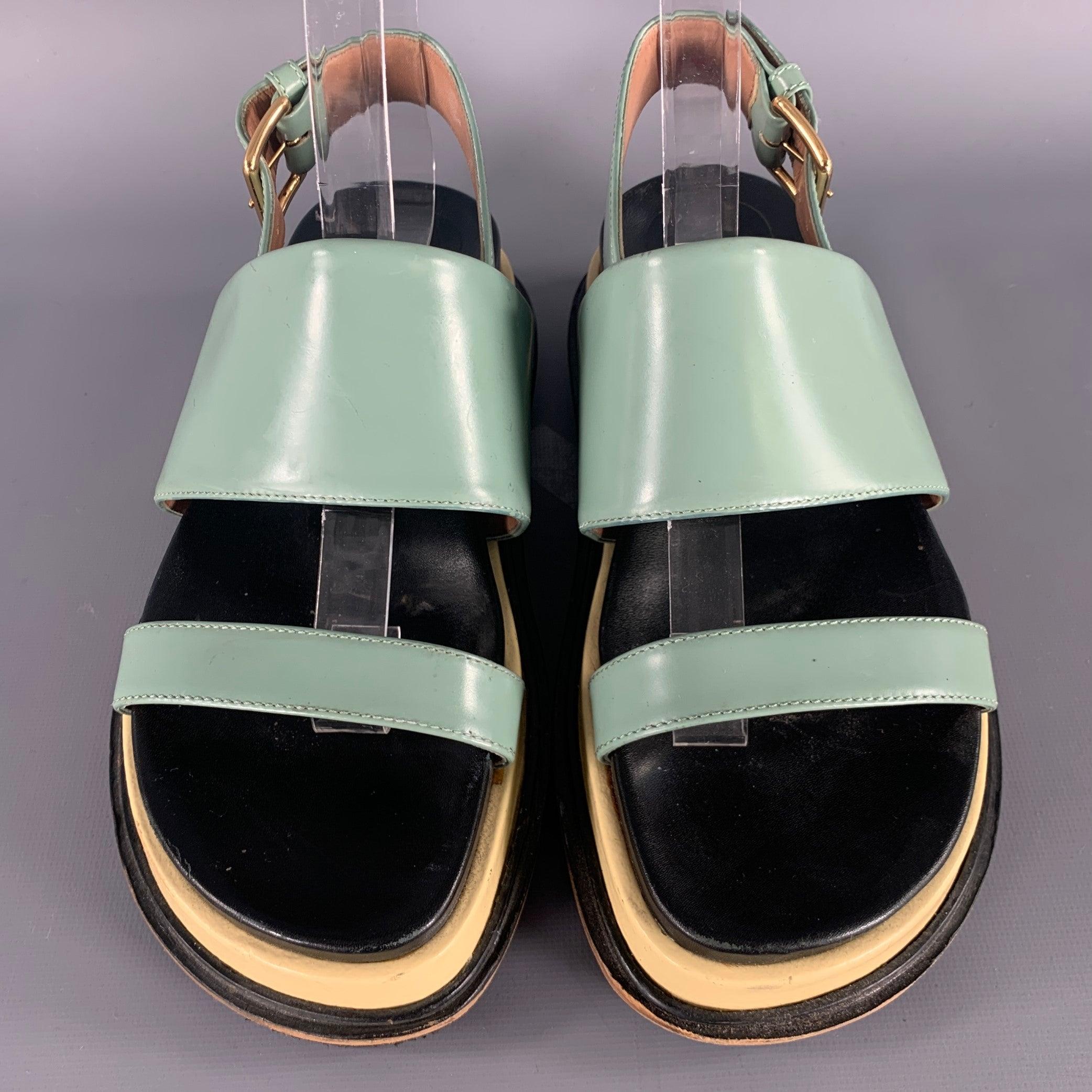MARNI Size 7 Green Black Strap Chunky Sole Sandals In Good Condition For Sale In San Francisco, CA