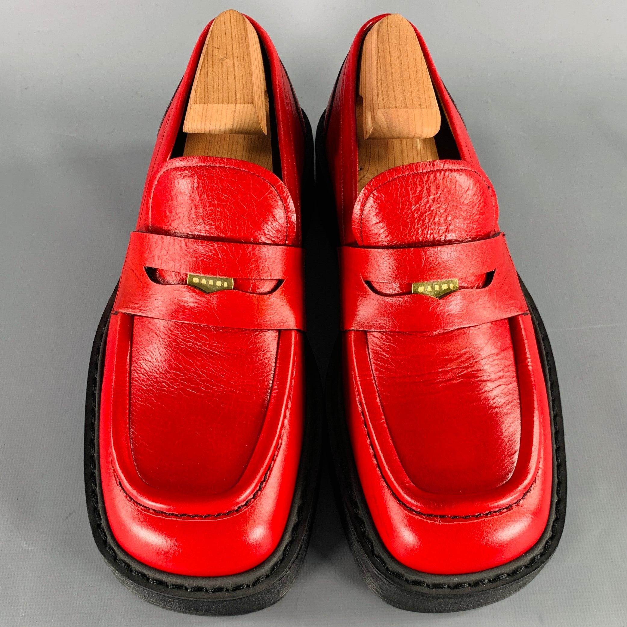 Men's MARNI Size 7 Red Black Leather Platform Penny Loafers