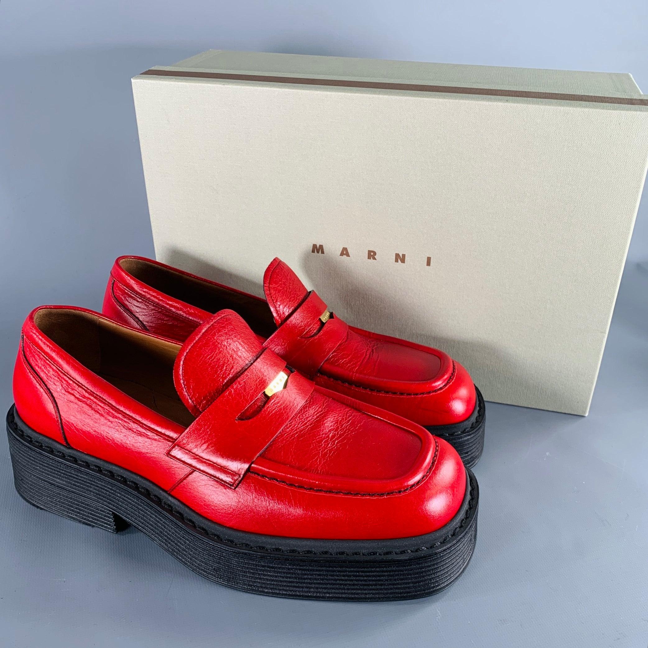 MARNI Size 7 Red Black Leather Platform Penny Loafers 5