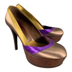 MARNI Größe 7.5 Bronze Lila Satin Streifen Runde Zehe Pumps