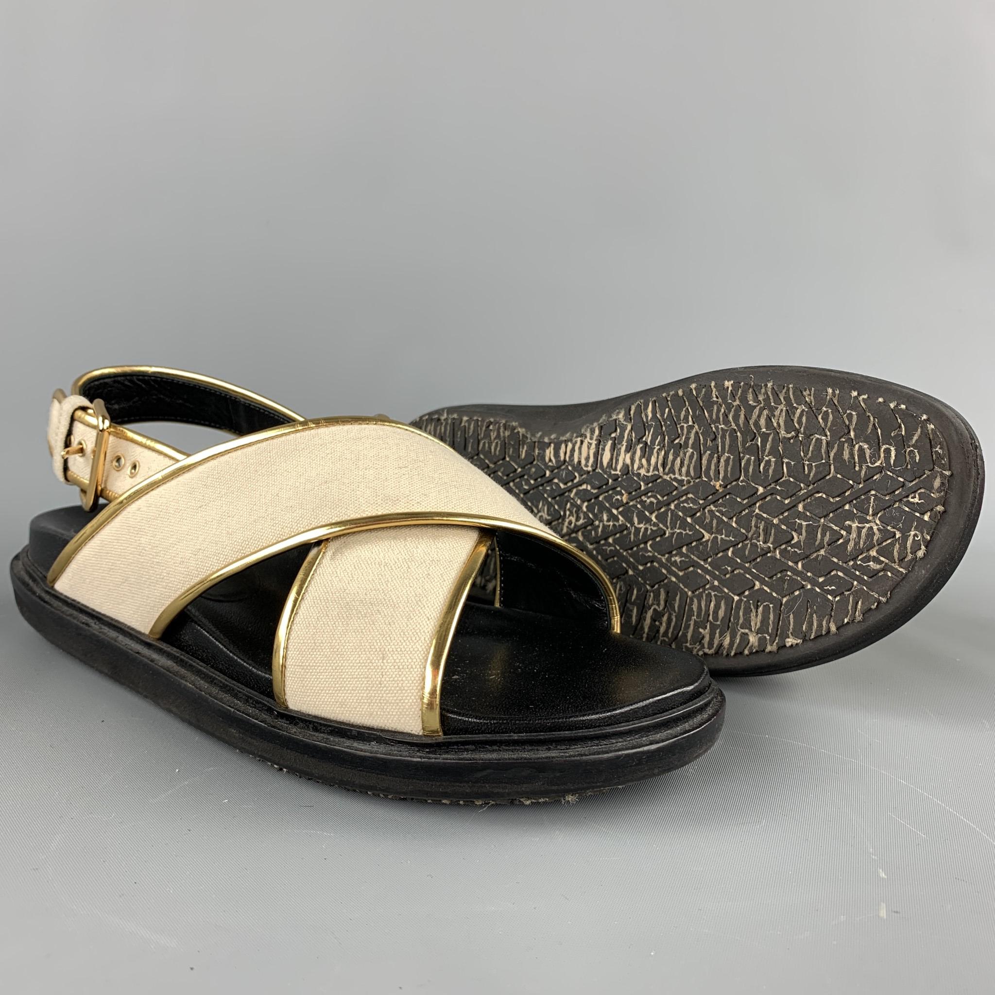 MARNI Size 8 Black & Beige Canvas Gold Trim Flats In Good Condition In San Francisco, CA