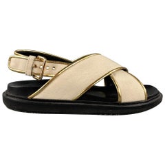 MARNI Size 8 Black & Beige Canvas Gold Trim Flats