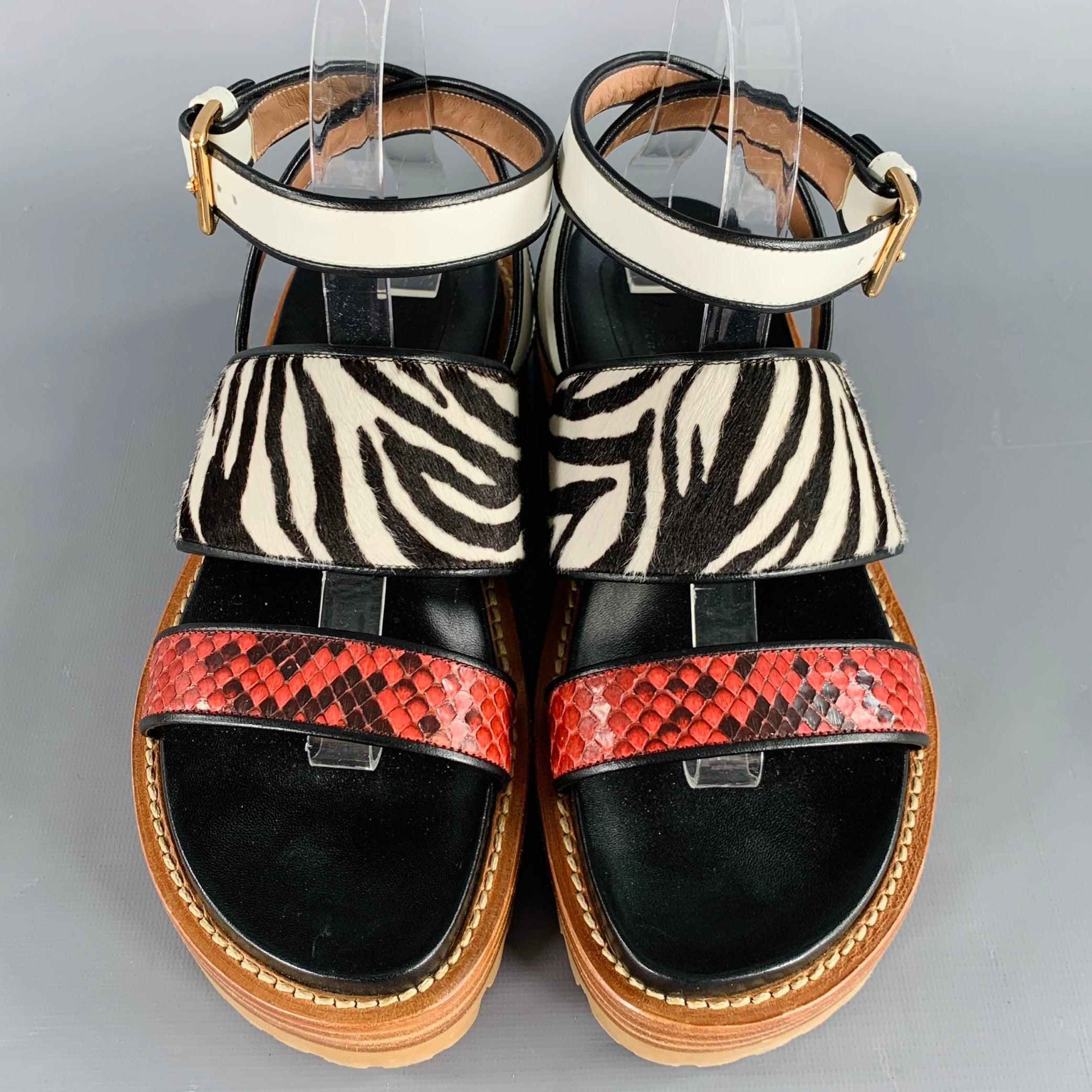 MARNI Size 8 Black Multi Color Leather Mixed Patterns Calf Hair Sandals (Sandales en poils de veau) Excellent état - En vente à San Francisco, CA