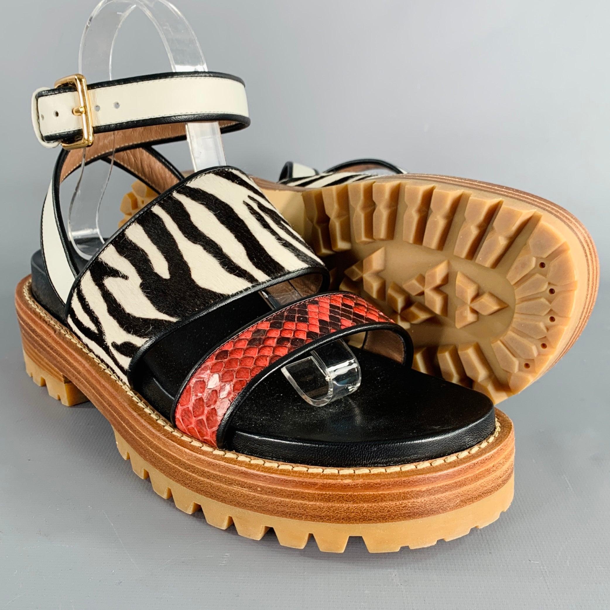 MARNI Size 8 Black Multi Color Leather Mixed Patterns Calf Hair Sandals (Sandales en poils de veau) Pour femmes en vente