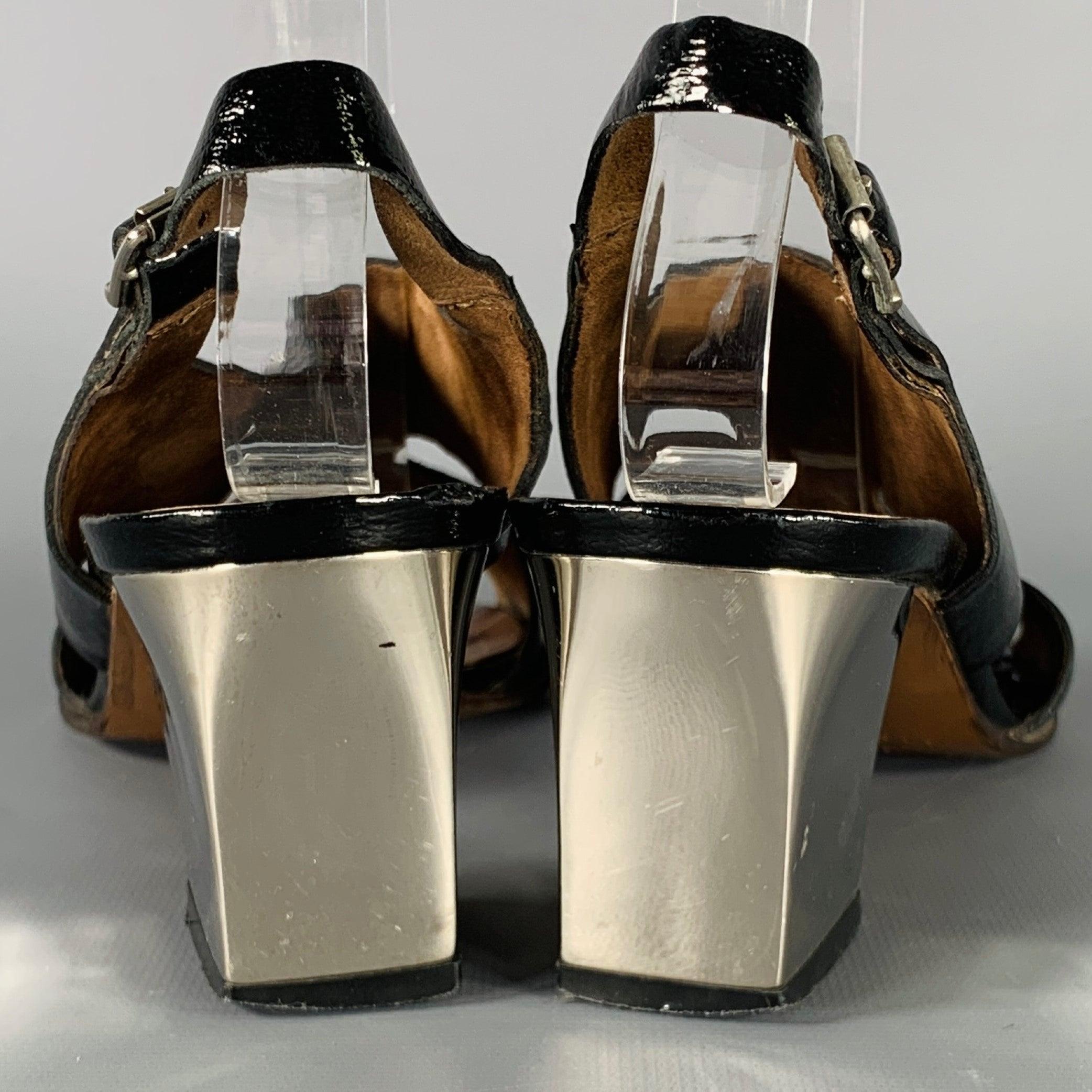 MARNI Size 8 Black Silver Patent Leather Chunky Heel Sandals In Good Condition For Sale In San Francisco, CA