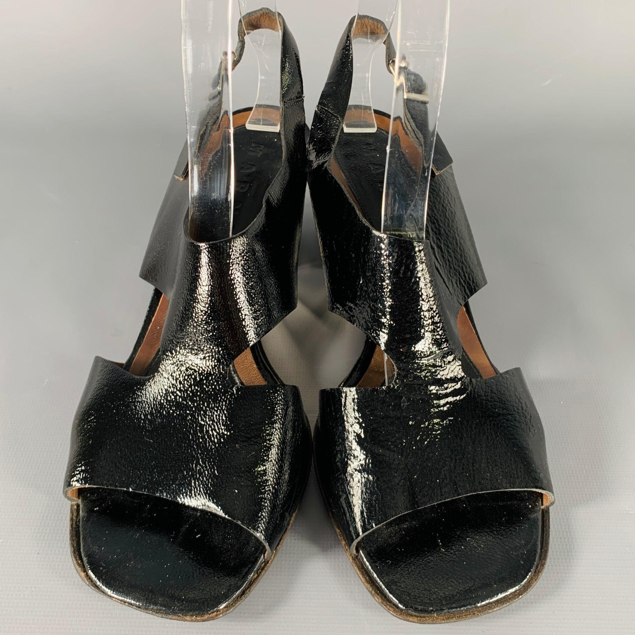 Women's MARNI Size 8 Black Silver Patent Leather Chunky Heel Sandals For Sale