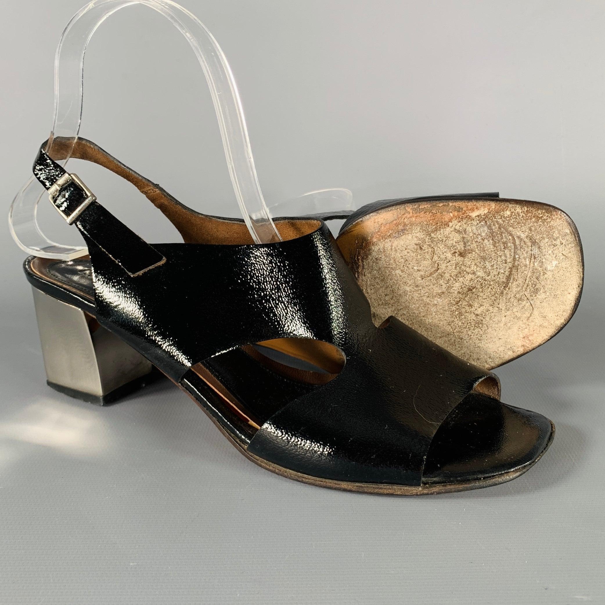 MARNI Size 8 Black Silver Patent Leather Chunky Heel Sandals For Sale 1