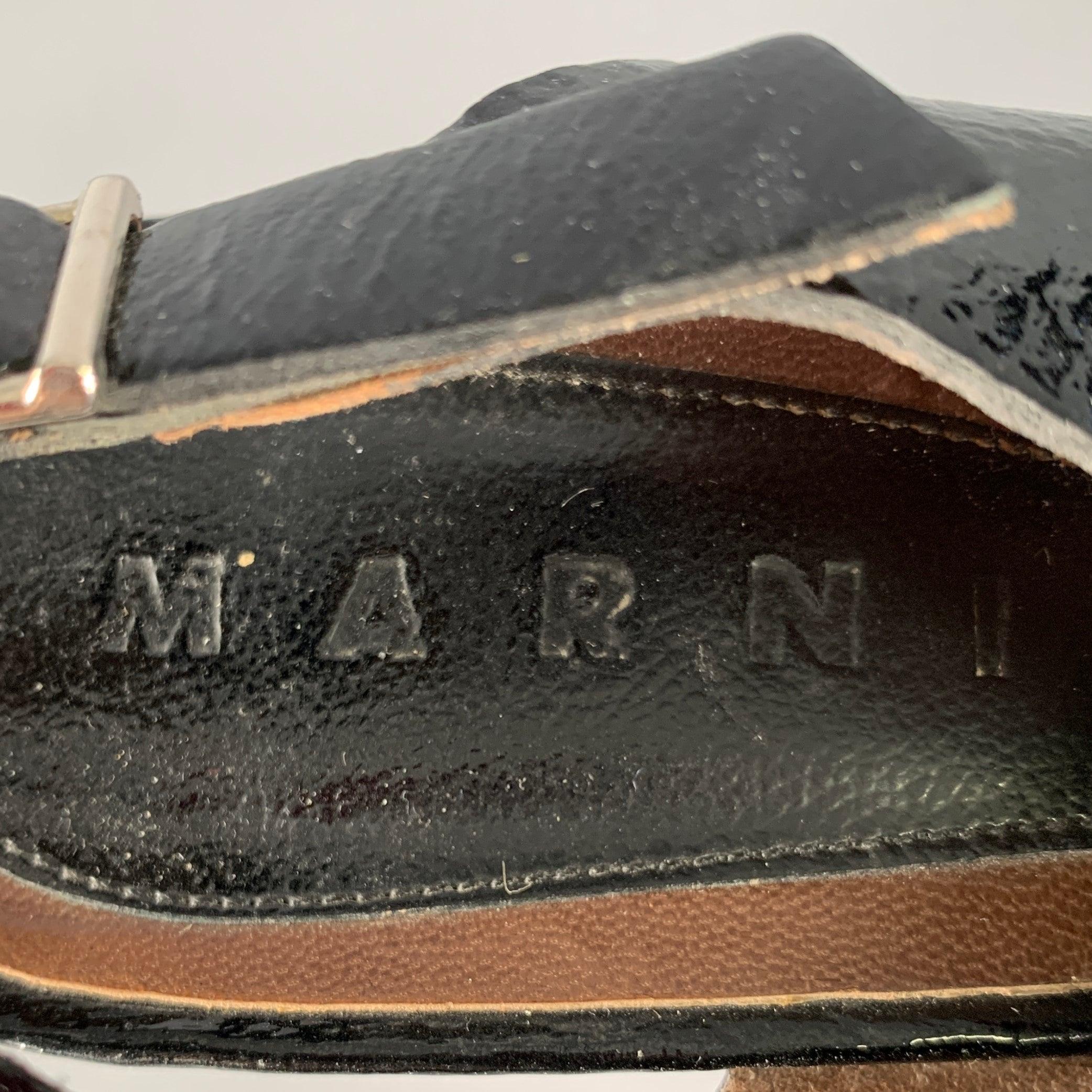 MARNI Size 8 Black Silver Patent Leather Chunky Heel Sandals For Sale 3