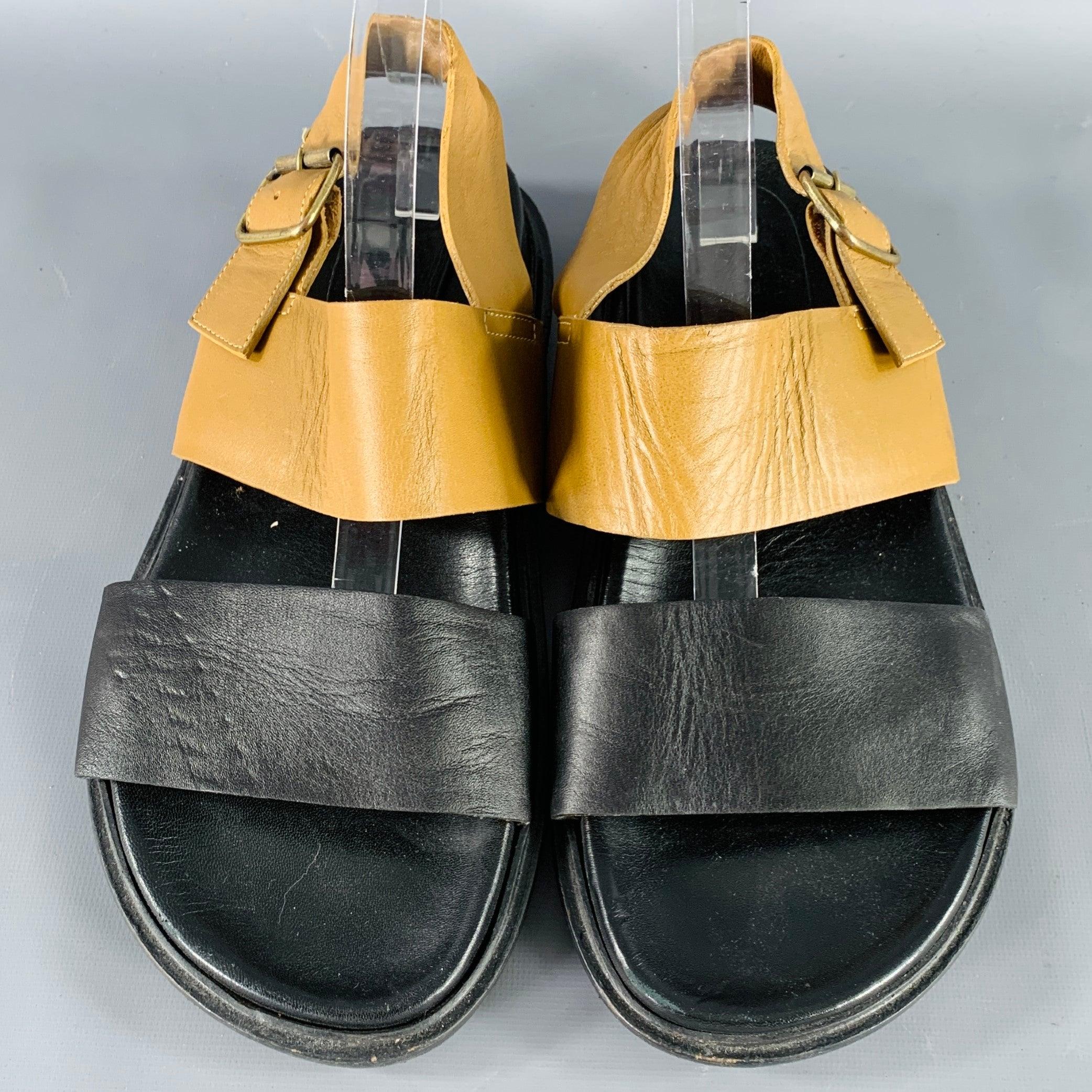 Men's MARNI Size 8 Black Tan Two Toned Leather Strap Sandals For Sale
