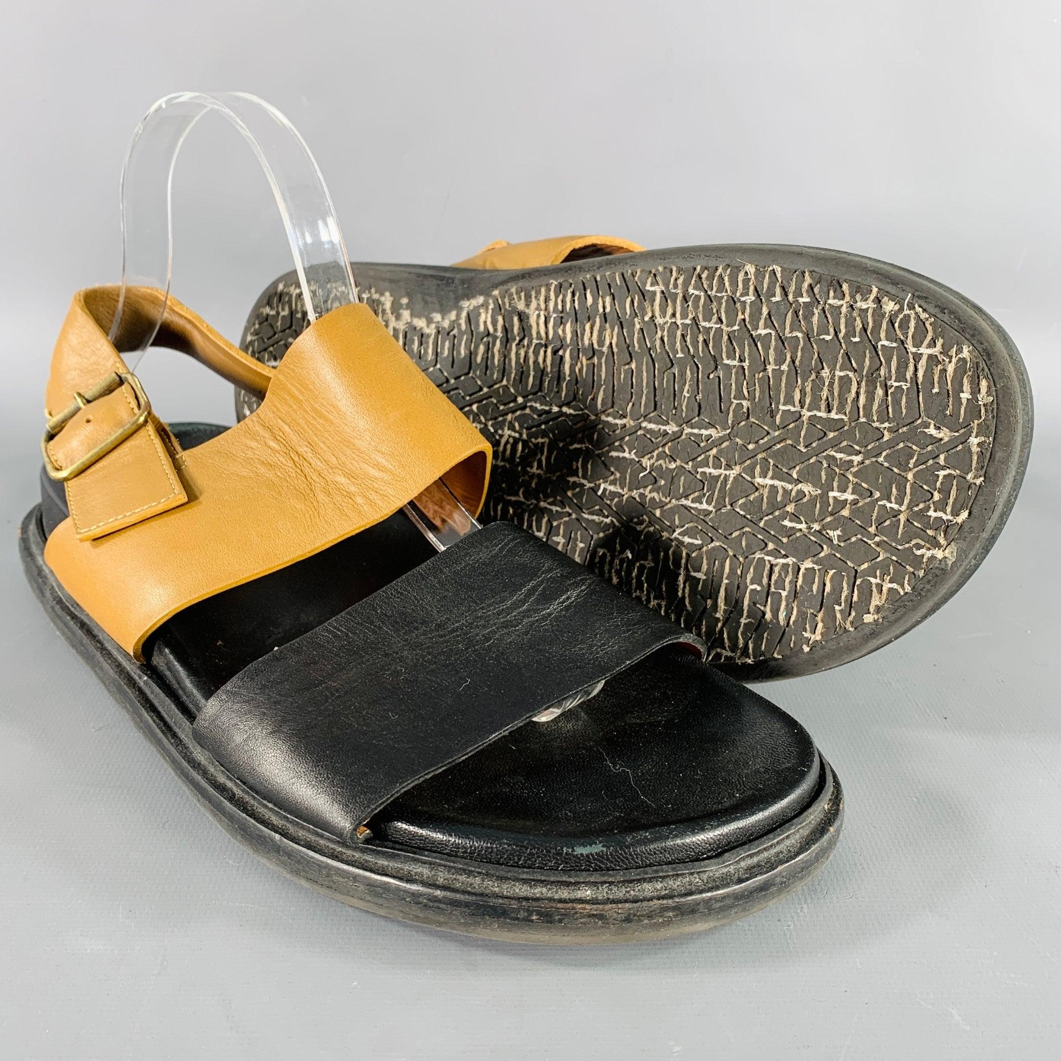 MARNI Size 8 Black Tan Two Toned Leather Strap Sandals For Sale 1