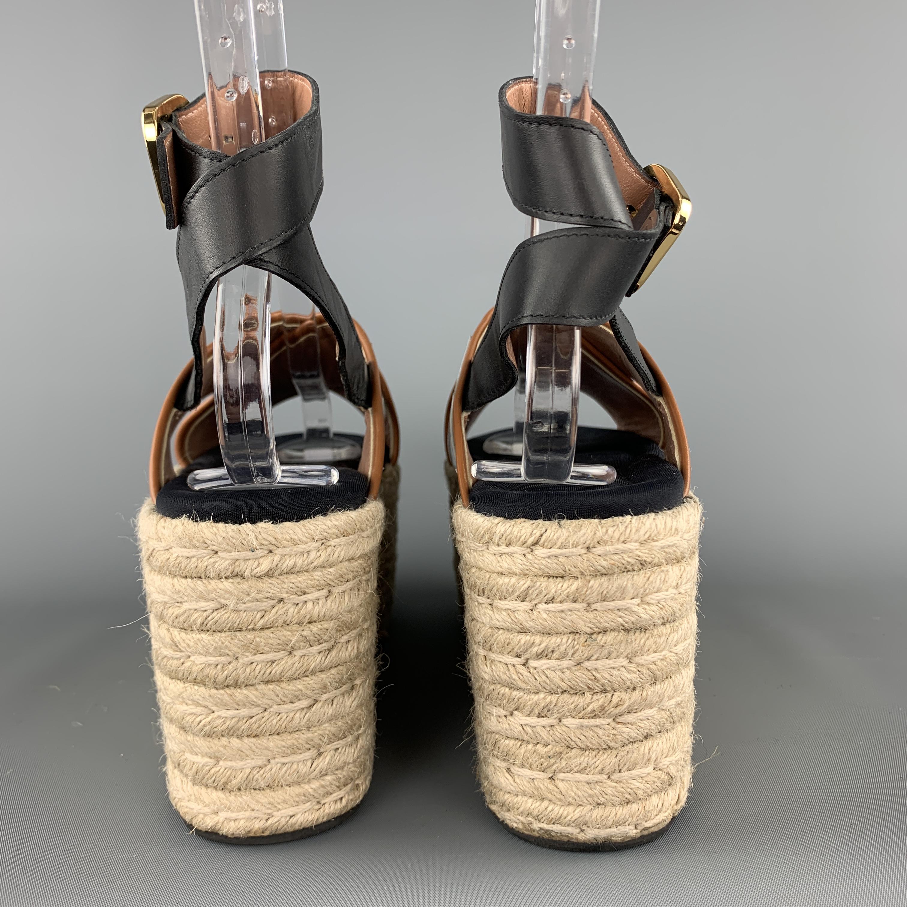 Beige MARNI Size 9 Black & White Leather Platform Espadrille Sandals