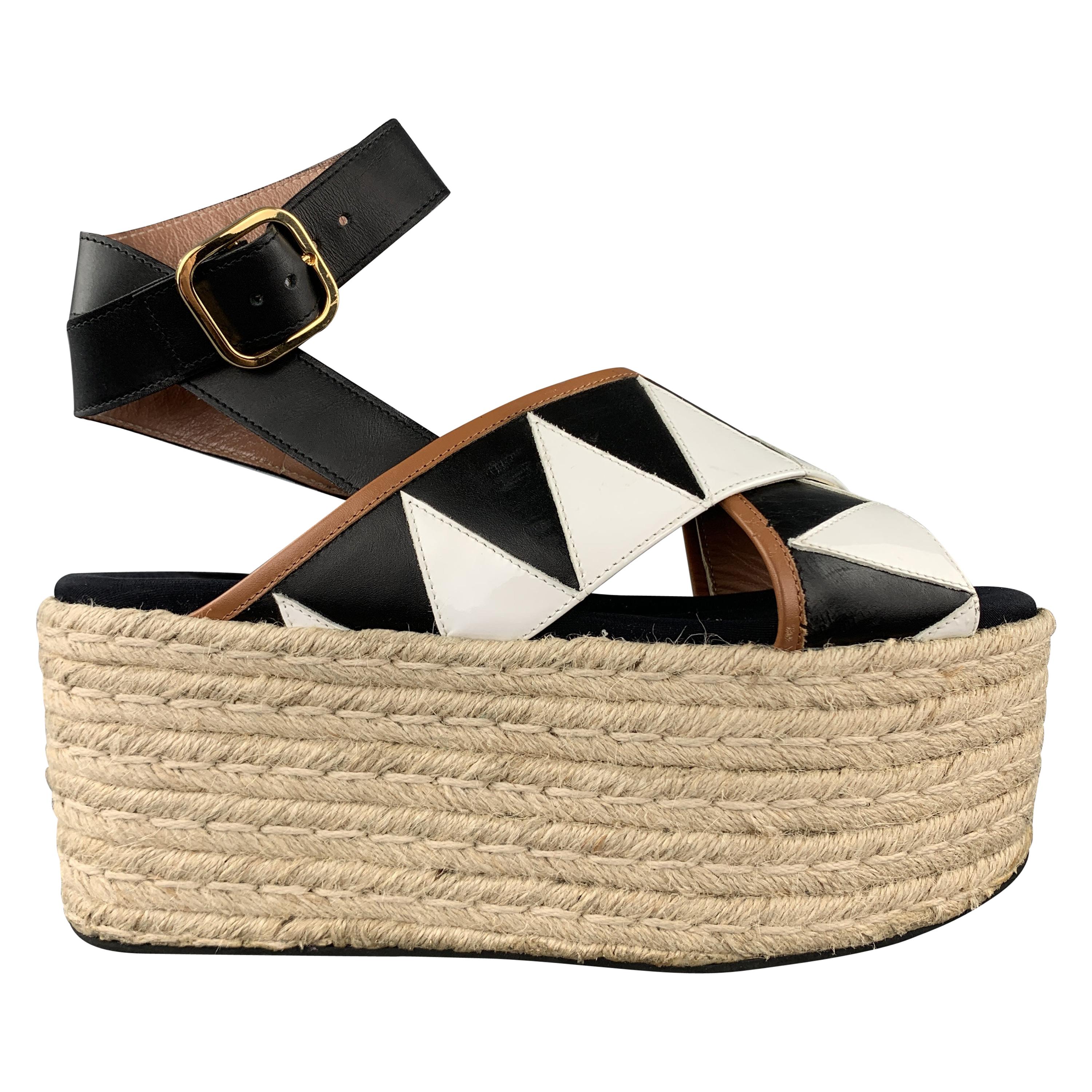 MARNI Size 9 Black & White Leather Platform Espadrille Sandals