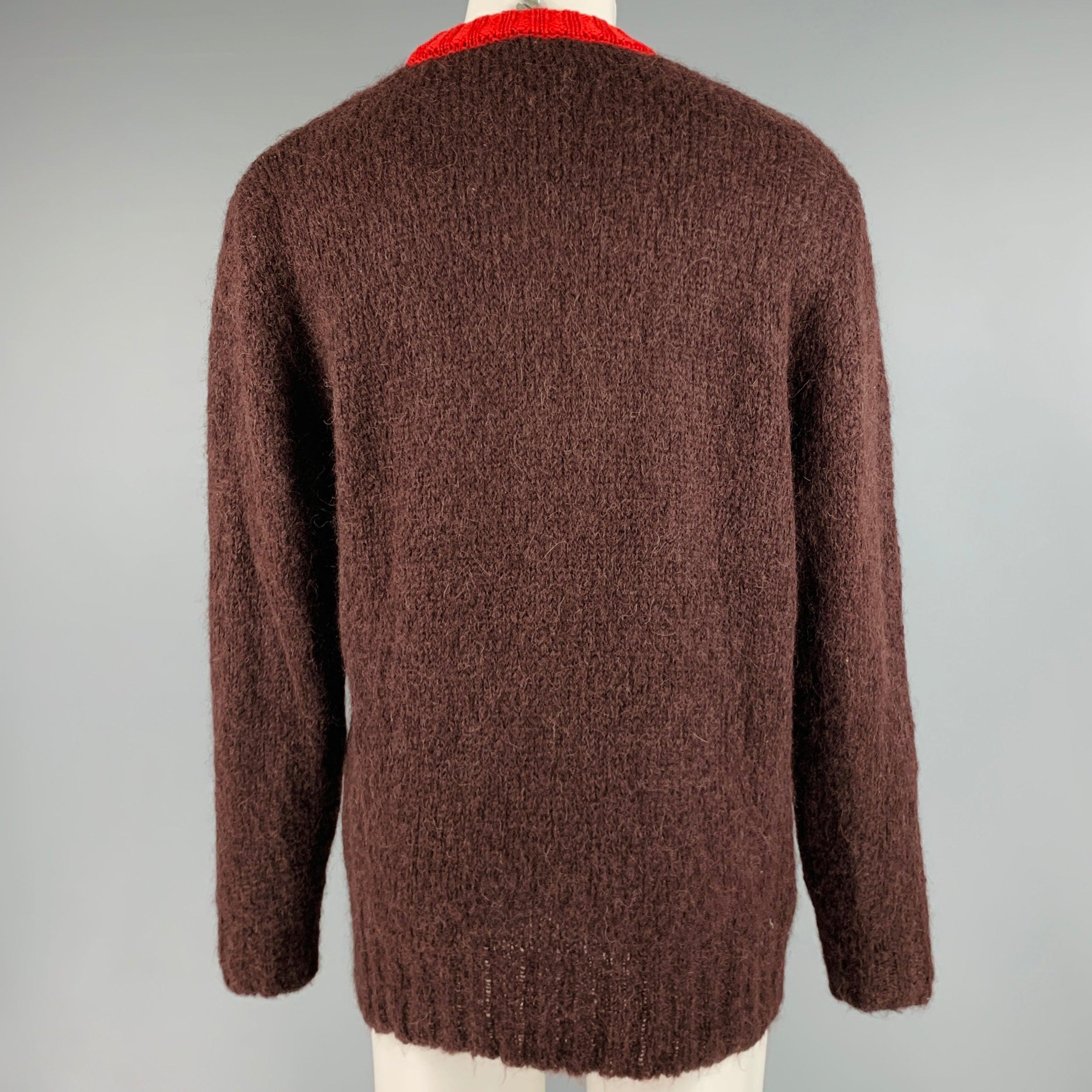 MARNI Size M Brown Red Contrast Trim Mohair Blend Crew Neck Sweater In Excellent Condition For Sale In San Francisco, CA