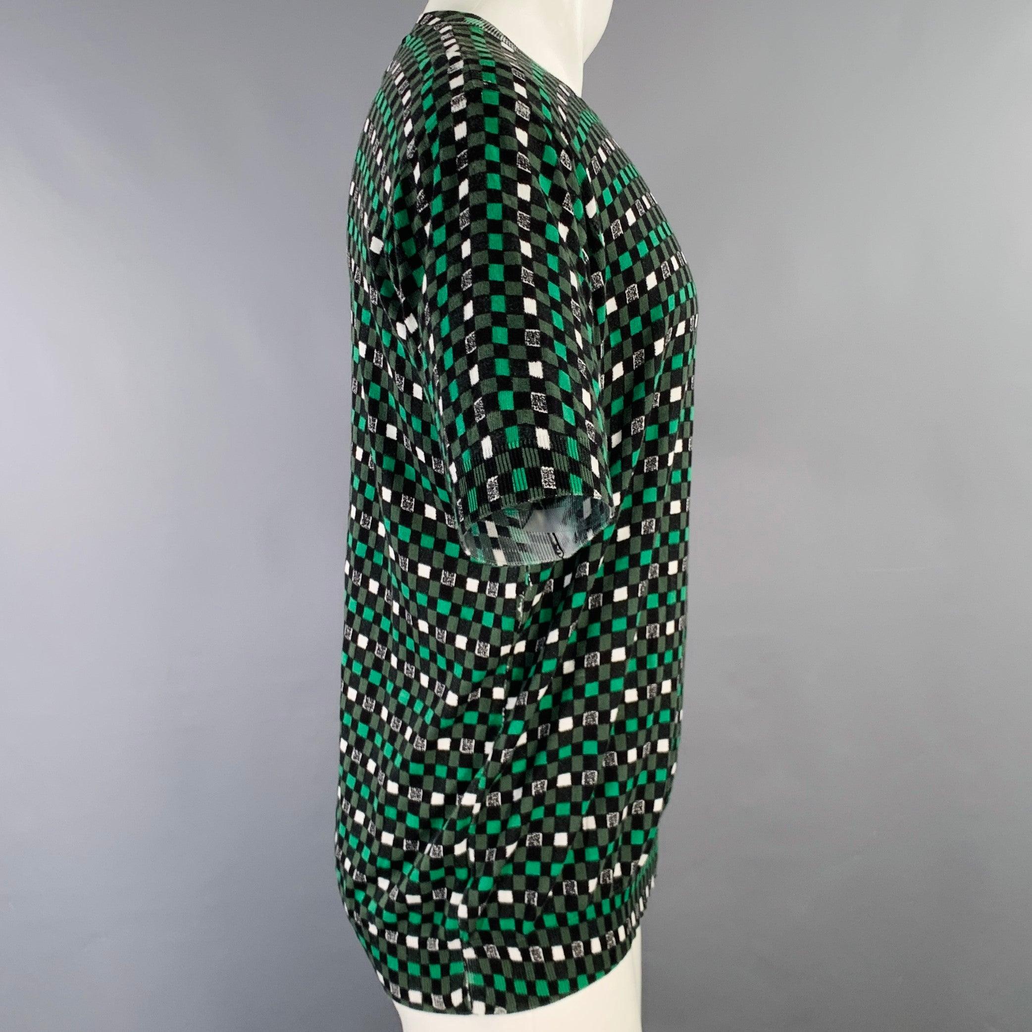 MARNI Size M Green Black Checkered Cotton Short Sleeve Pullover In Excellent Condition For Sale In San Francisco, CA