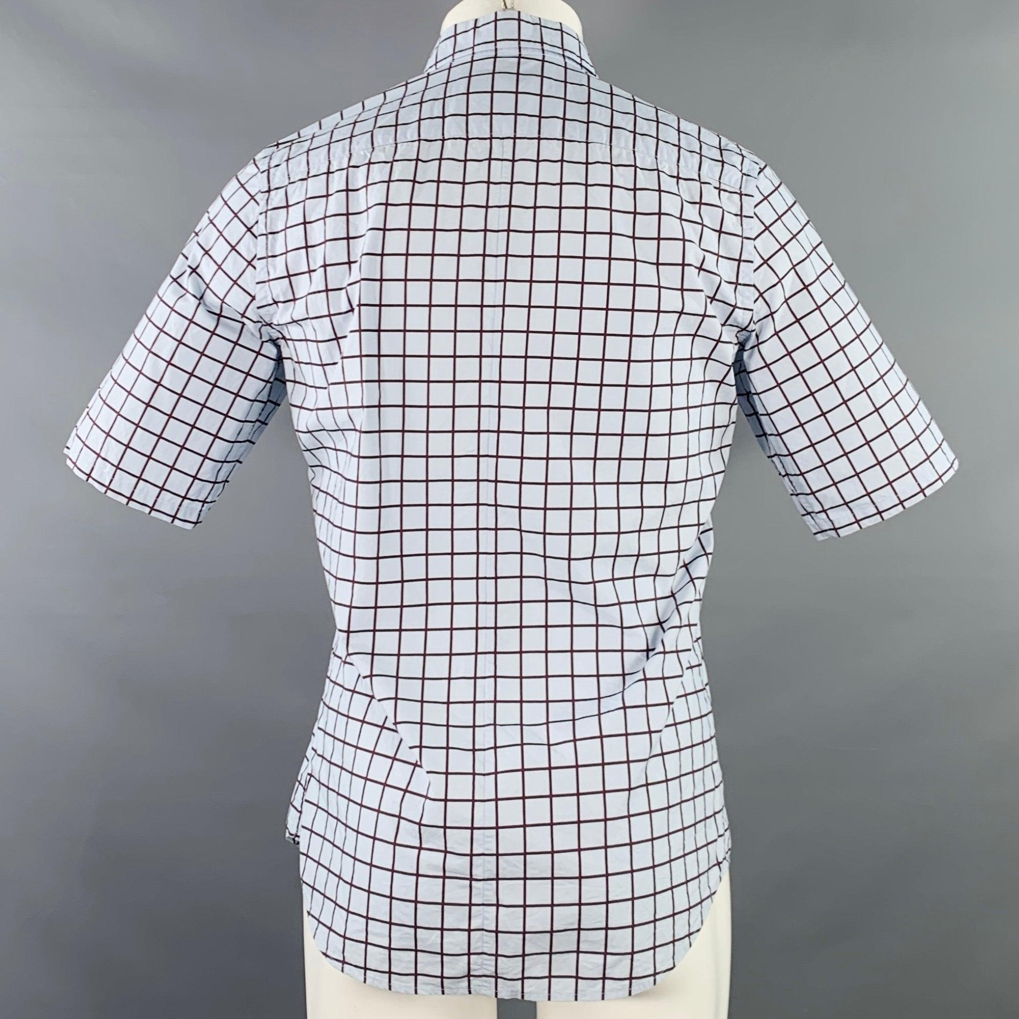 Gris MARNI Taille S Bleu Marron Window Pane Cotton Button Up Short Sleeve Shirt en vente