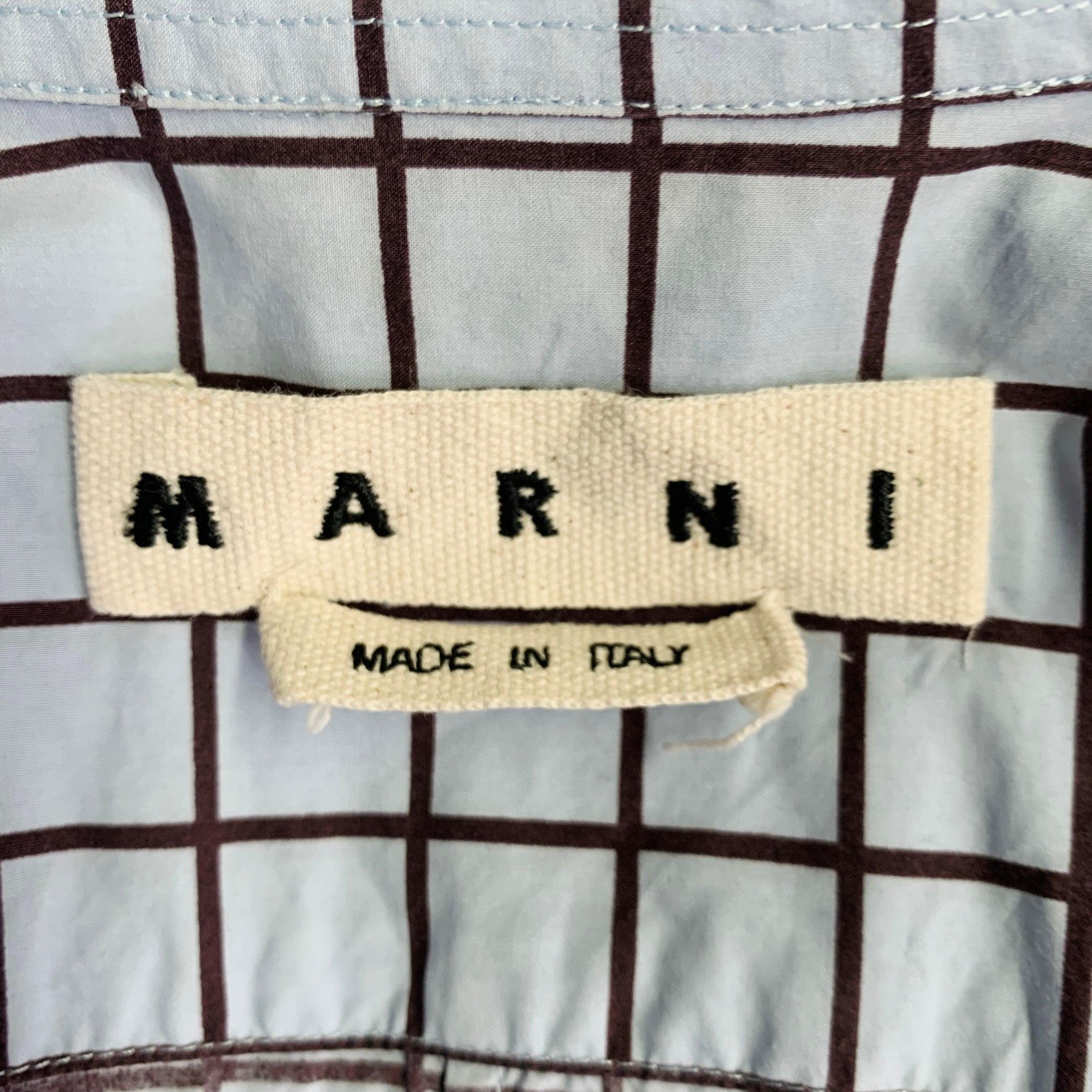 MARNI Taille S Bleu Marron Window Pane Cotton Button Up Short Sleeve Shirt Excellent état - En vente à San Francisco, CA