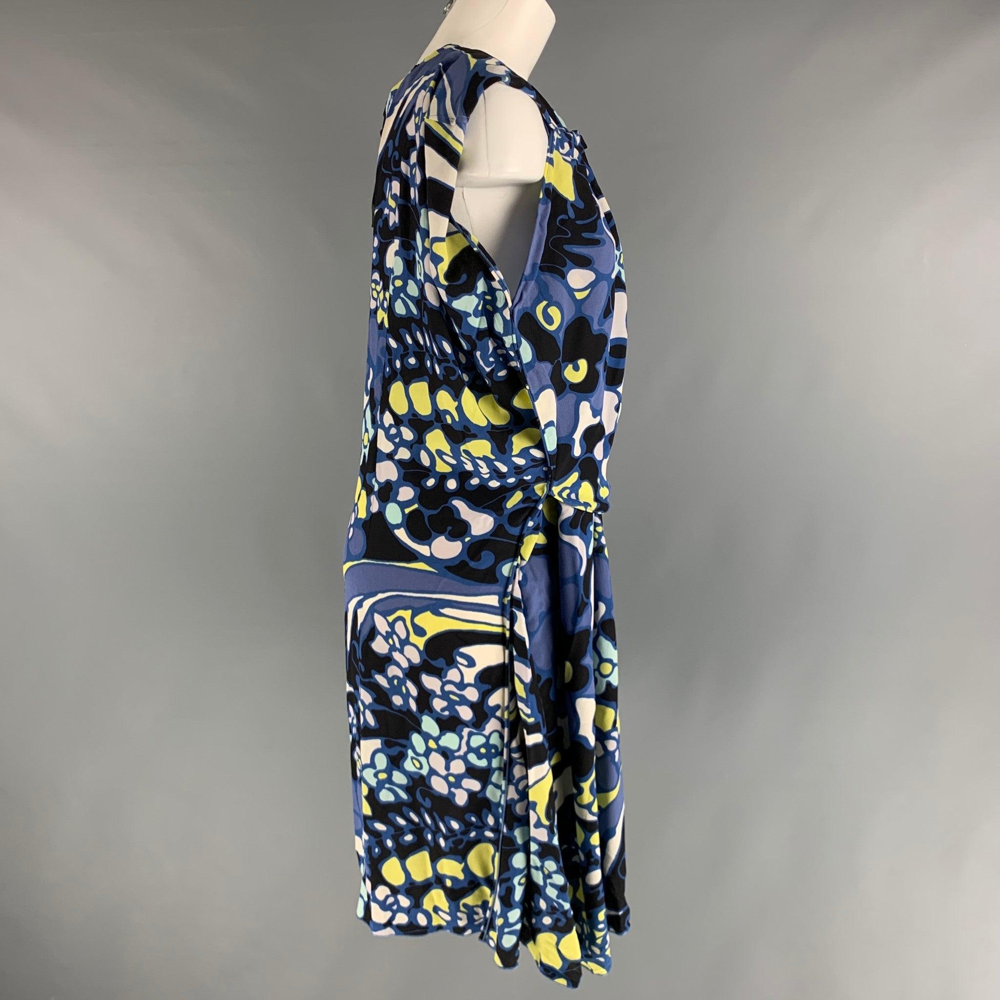 MARNI dress comes in a white, yellow and blue woven material featuring a rushed detail, loose fit, shift design, and a sleeveless style. Made in Italy.Very Good Pre-Owned Condition. Moderate Marks. As-is. 

Marked:  38 

Measurements: 
 
Shoulder:
