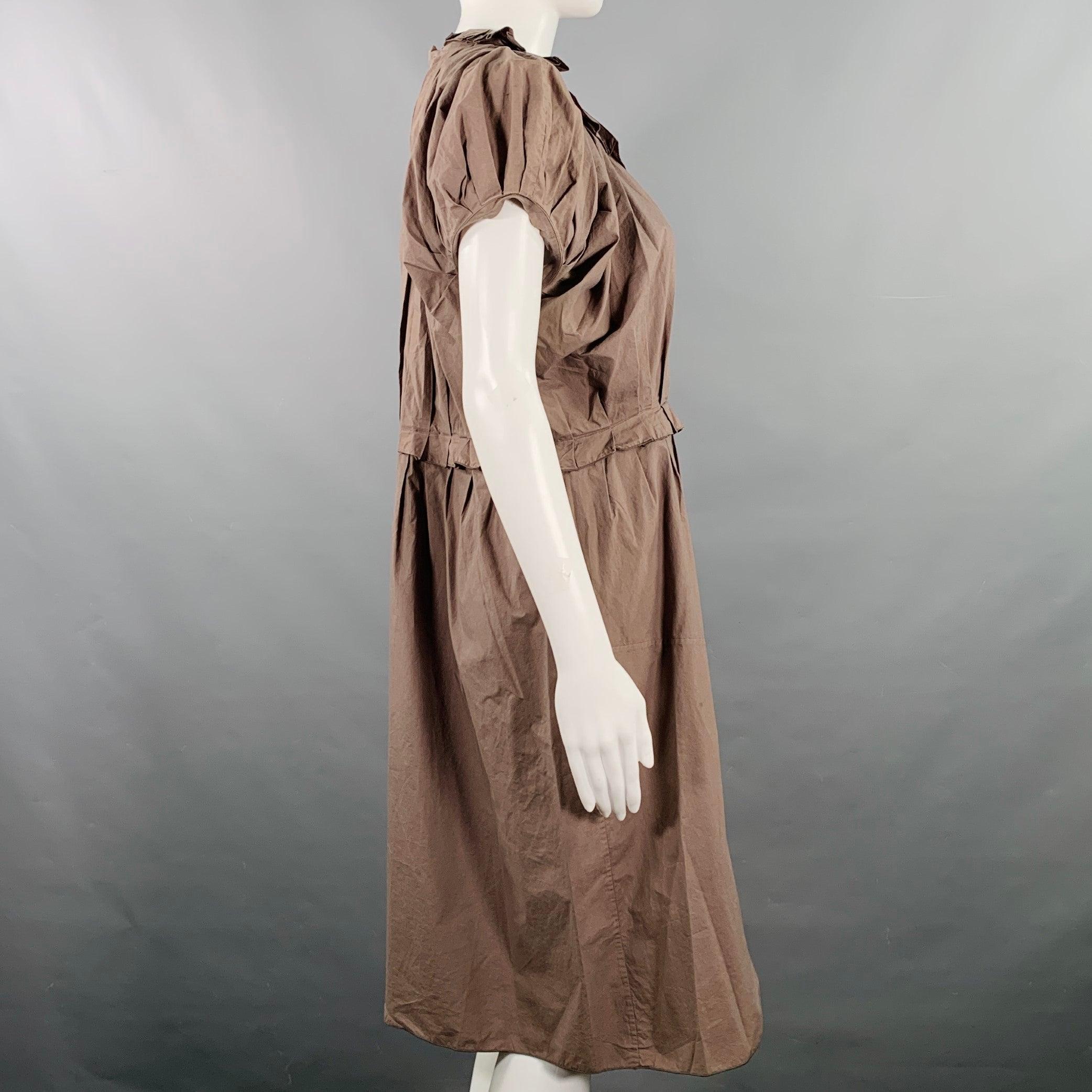 Brown MARNI Size S Khaki Cotton Pleated Knee Length Dress For Sale