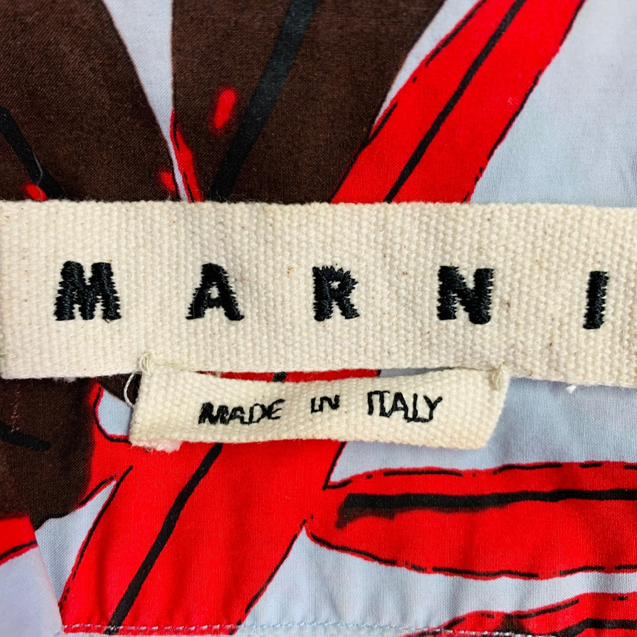MARNI Taille XS Bleu Rouge Marron Feuilles Coton Bouton Up Chemise à manches courtes Excellent état - En vente à San Francisco, CA