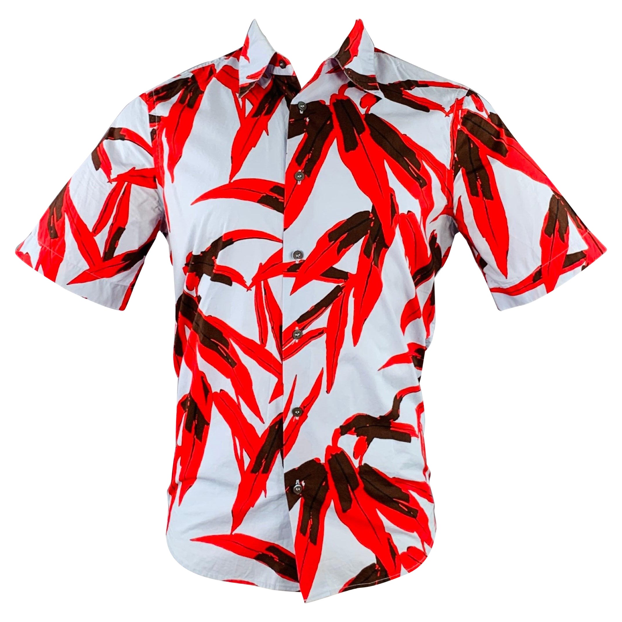 MARNI Talla XS Azul Rojo Marrón Hojas Camisa de algodón de manga corta con botones