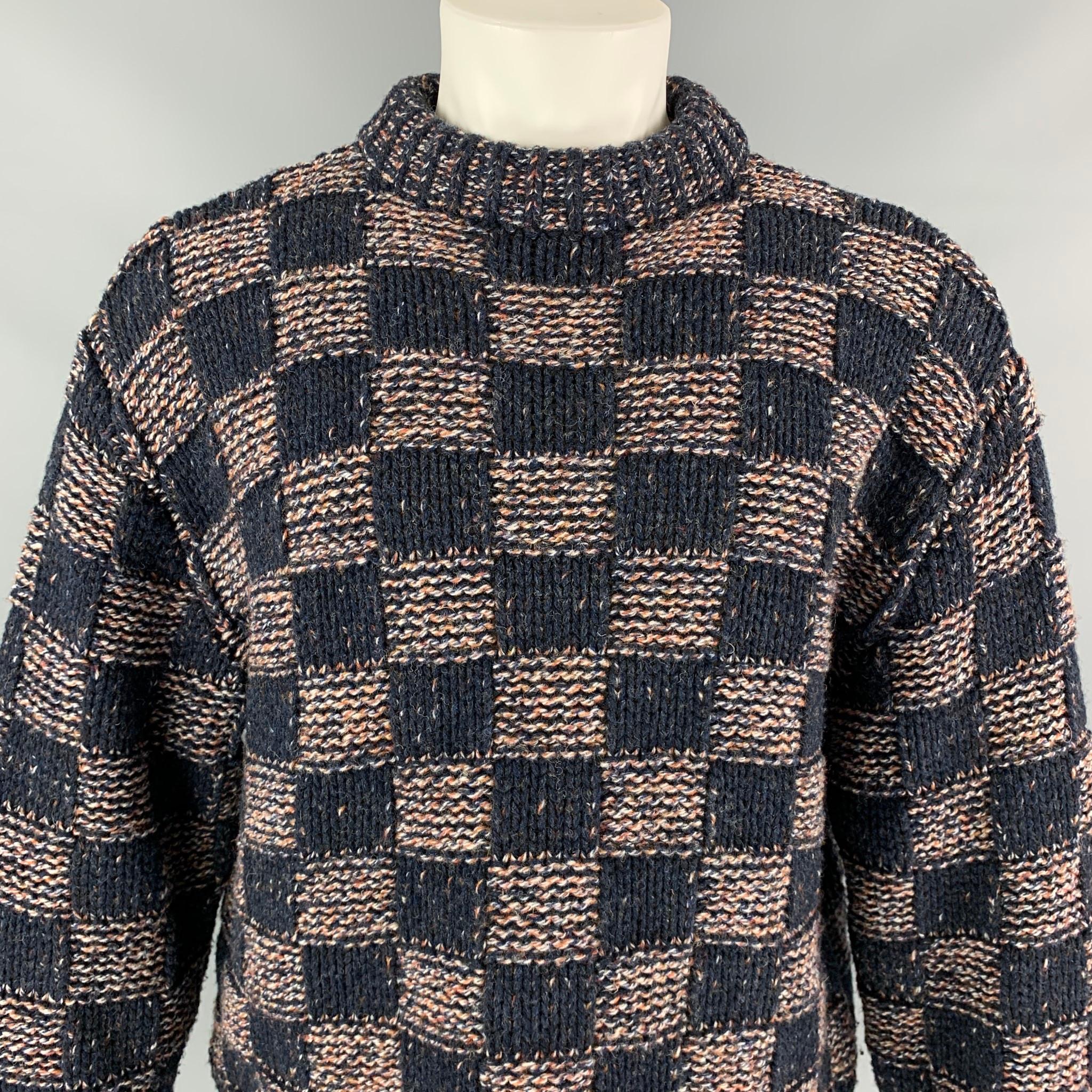 Men's MARNI Size XS Navy & Brick Knitted Checkered Wool Crew-Neck Sweater