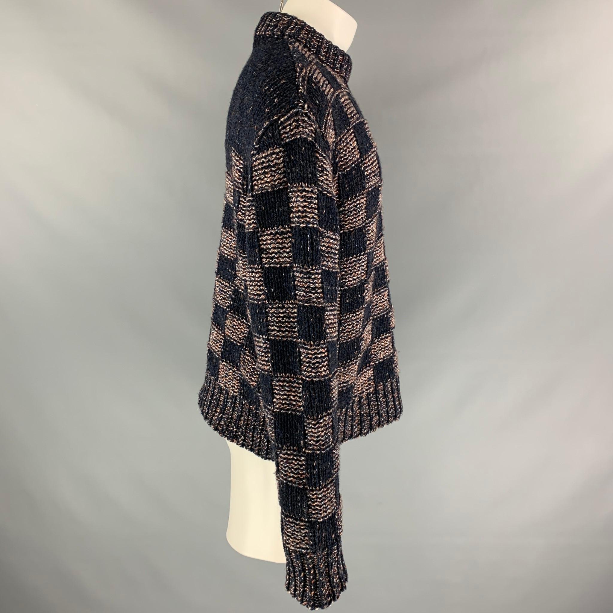 MARNI Size XS Navy & Brick Knitted Checkered Wool Crew-Neck Sweater 1