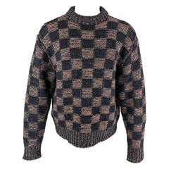 MARNI Size XS Navy & Brick Knitted Checkered Wool Crew-Neck Sweater