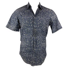 Used MARNI Size XS Navy 
White Print Cotton Button Up Short Sleeve Shirt