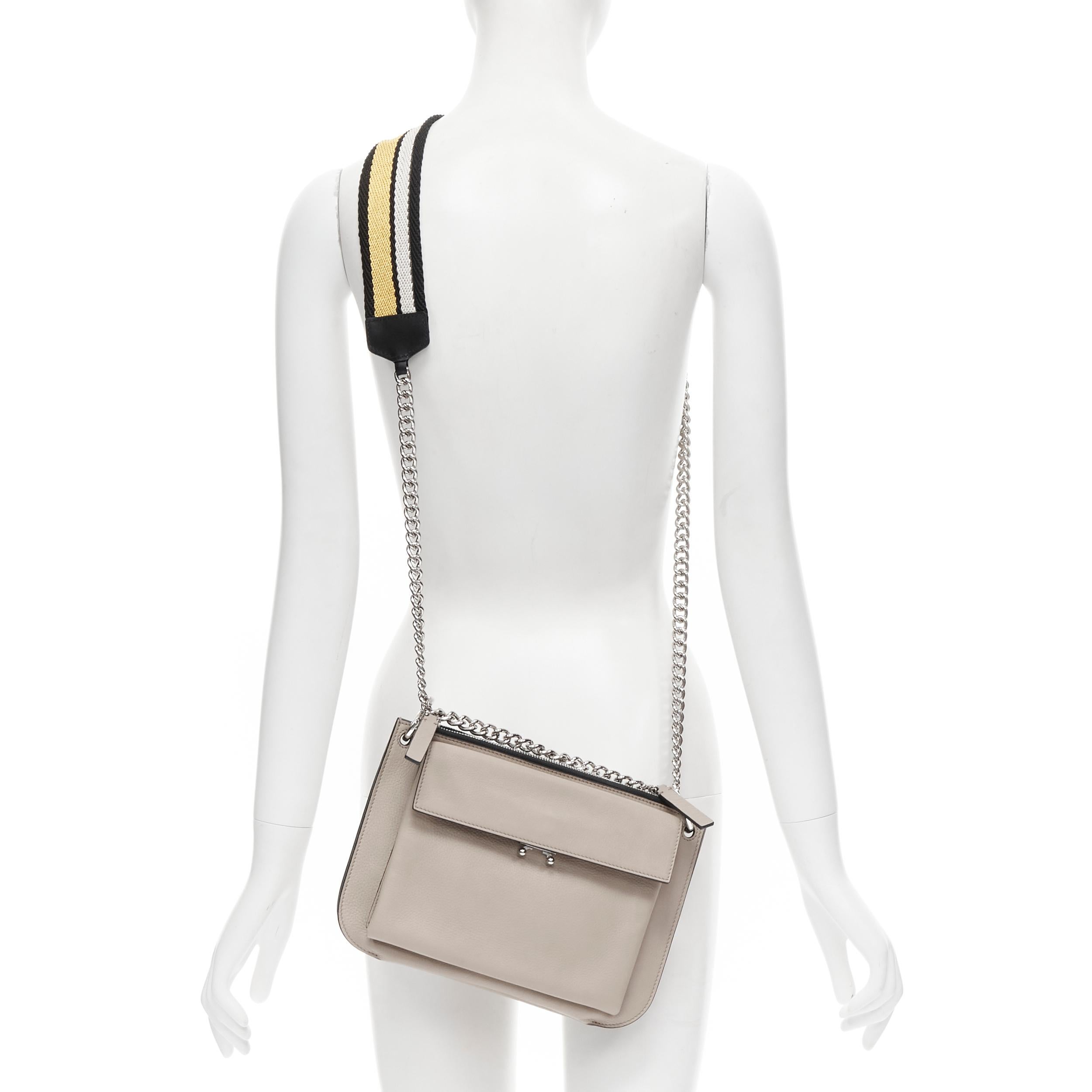 MARNI stone grey silver lock dual zip pouch chain sport strap crossbody bag 
Reference: CELG/A00032 
Brand: Marni 
Model: Dual pouch chain crossbody 
Material: Leather 
Color: Ecru 
Pattern: Solid 
Closure: Zip 
Extra Detail: Metal clasp lock on